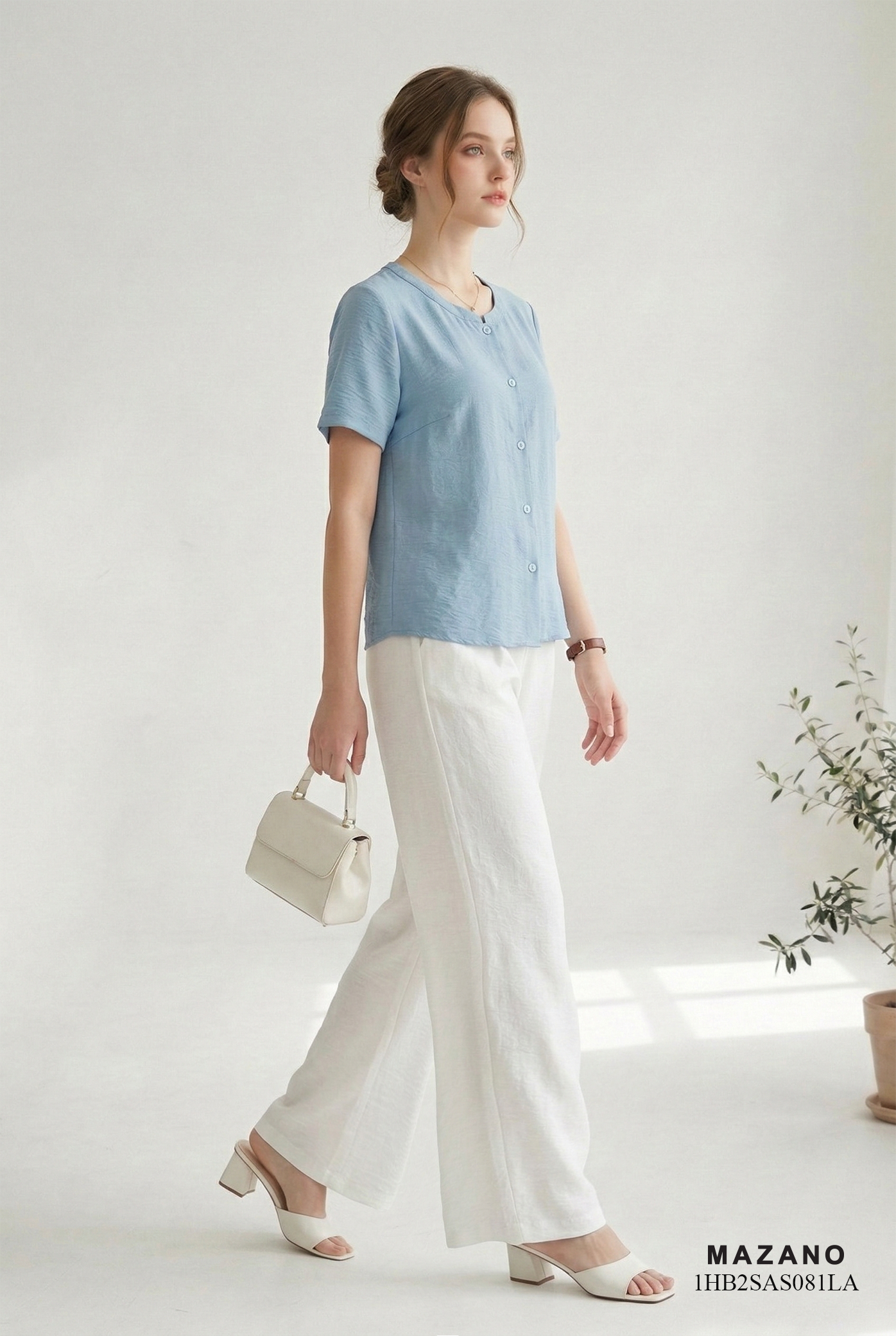 Áo sơ mi vải pha linen xanh ghi sáng dáng suông cổ tàu cách điệu thiết kế MAZANO