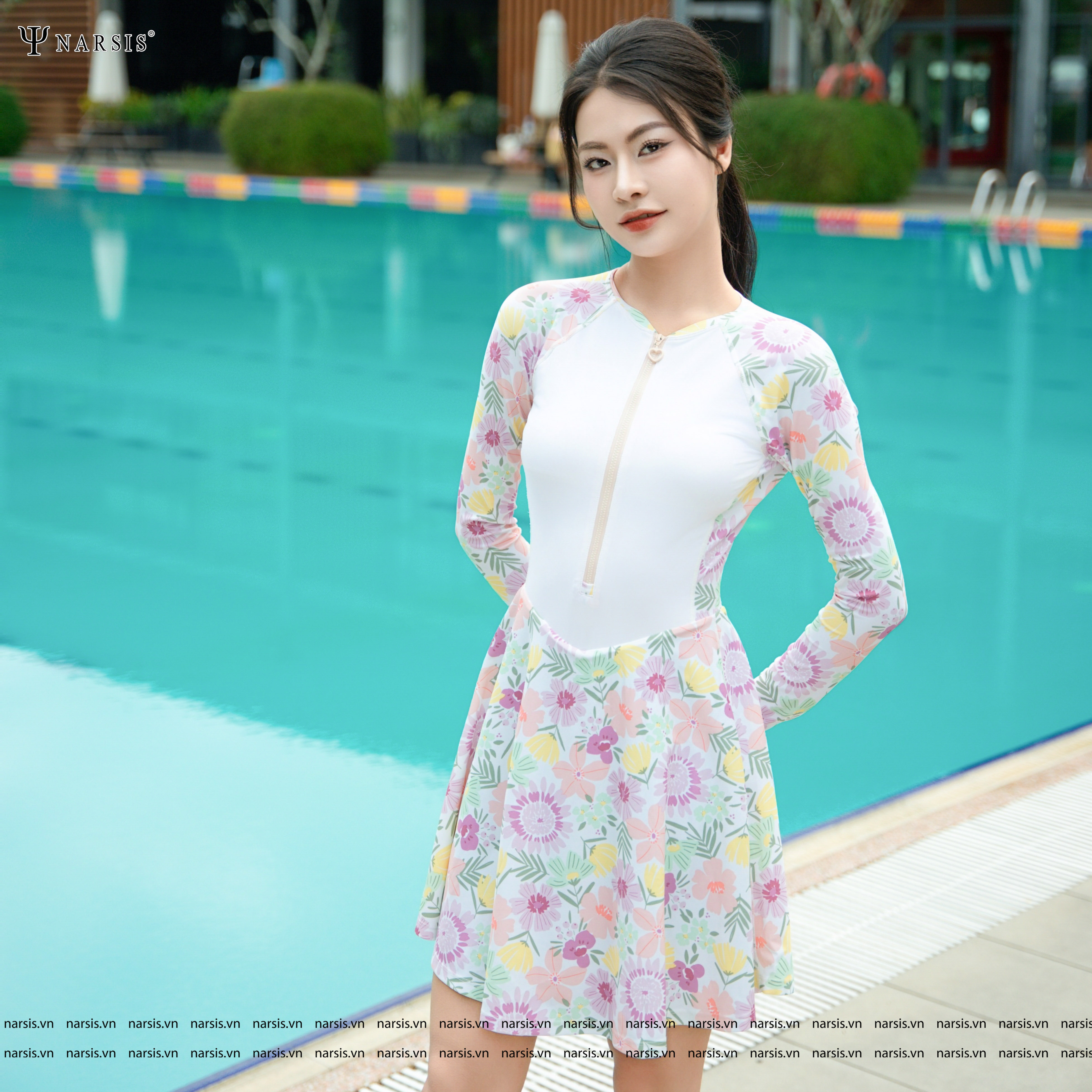 Váy Bơi Nữ Liền Thân Tay Dài Narsis Bộ Đồ Bơi Kín Đáo Có Khóa Kéo Trước Ngực Không Giữ Nước A25003_thumbnail_3
