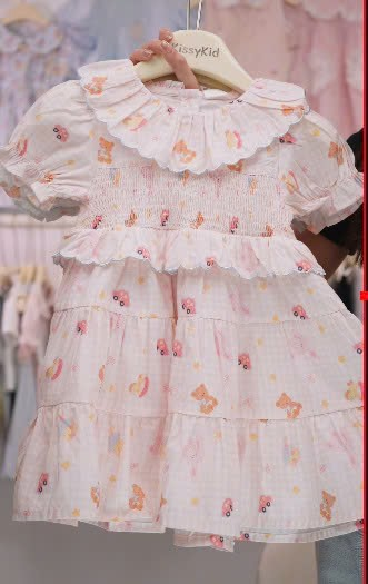 CX118 - Váy bé gái họa tiết dễ thương màu hồng cổ bèo tay phồng phong cách tiểu thư hãng CX7