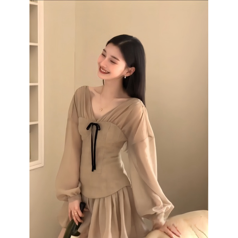 Váy phối tơ dáng ngắn tay bồng, váy ngắn nữ màu nâu phối tơ nữ tính Logastore_L212_thumbnail_2