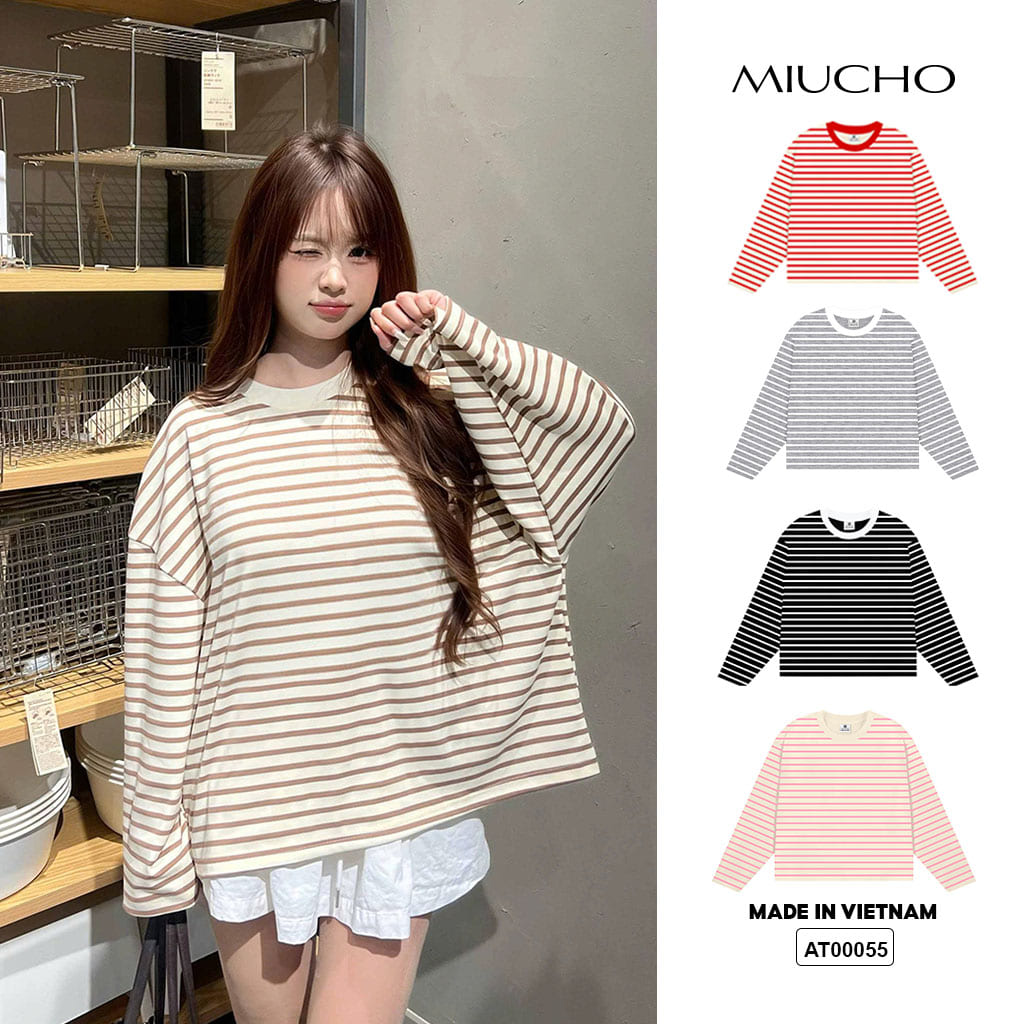 Áo tay dài form boxy Miucho cổ tròn vải thun rib thoáng mát AT00055