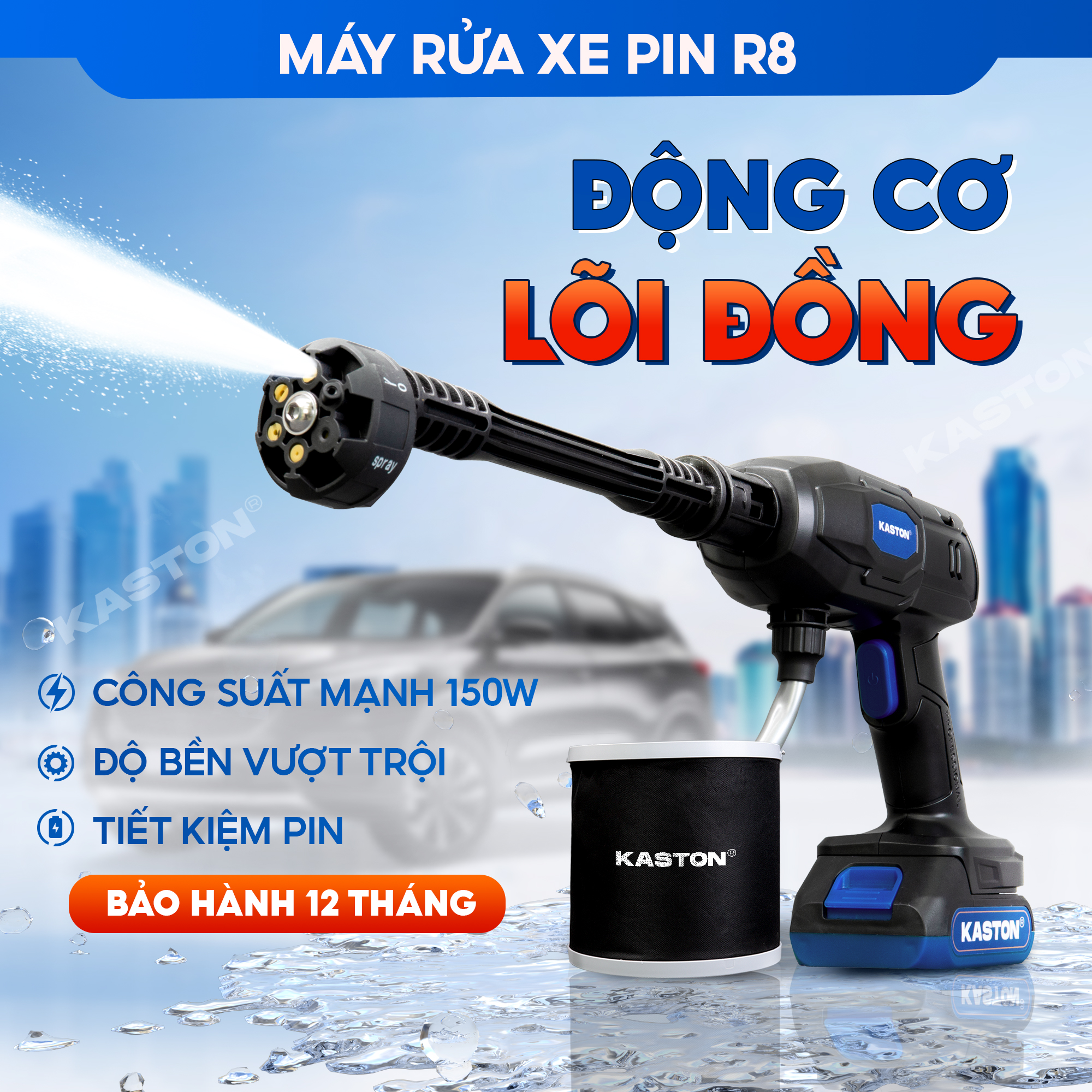 Máy rửa xe pin cao cấp Kaston - R8 - Kèm 2 pin, nhỏ gọn mạnh mẽ - Động cơ công nghệ Đức bền bỉ vượt trội.