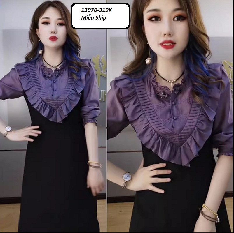 13970-Đầm chữ A phối tay lở  cổ viền bèo ( thun mịn, lụa ánh kim)FREESHIP_thumbnail_2