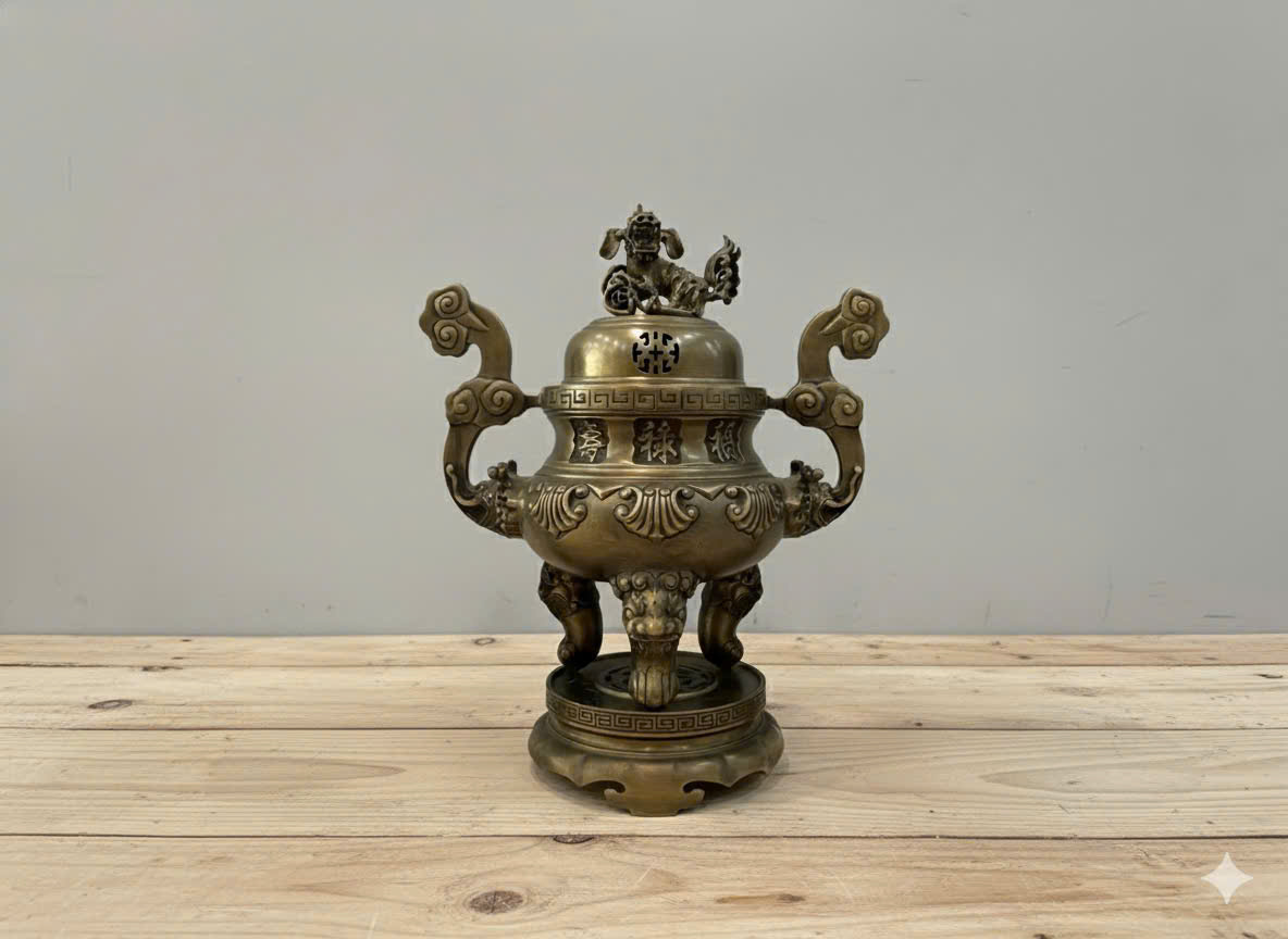 Bộ đỉnh thờ ngũ sự cao 50cm hoa văn sòi hun giả cổ đúc đồng vàng thau nguyên chất_thumbnail_3