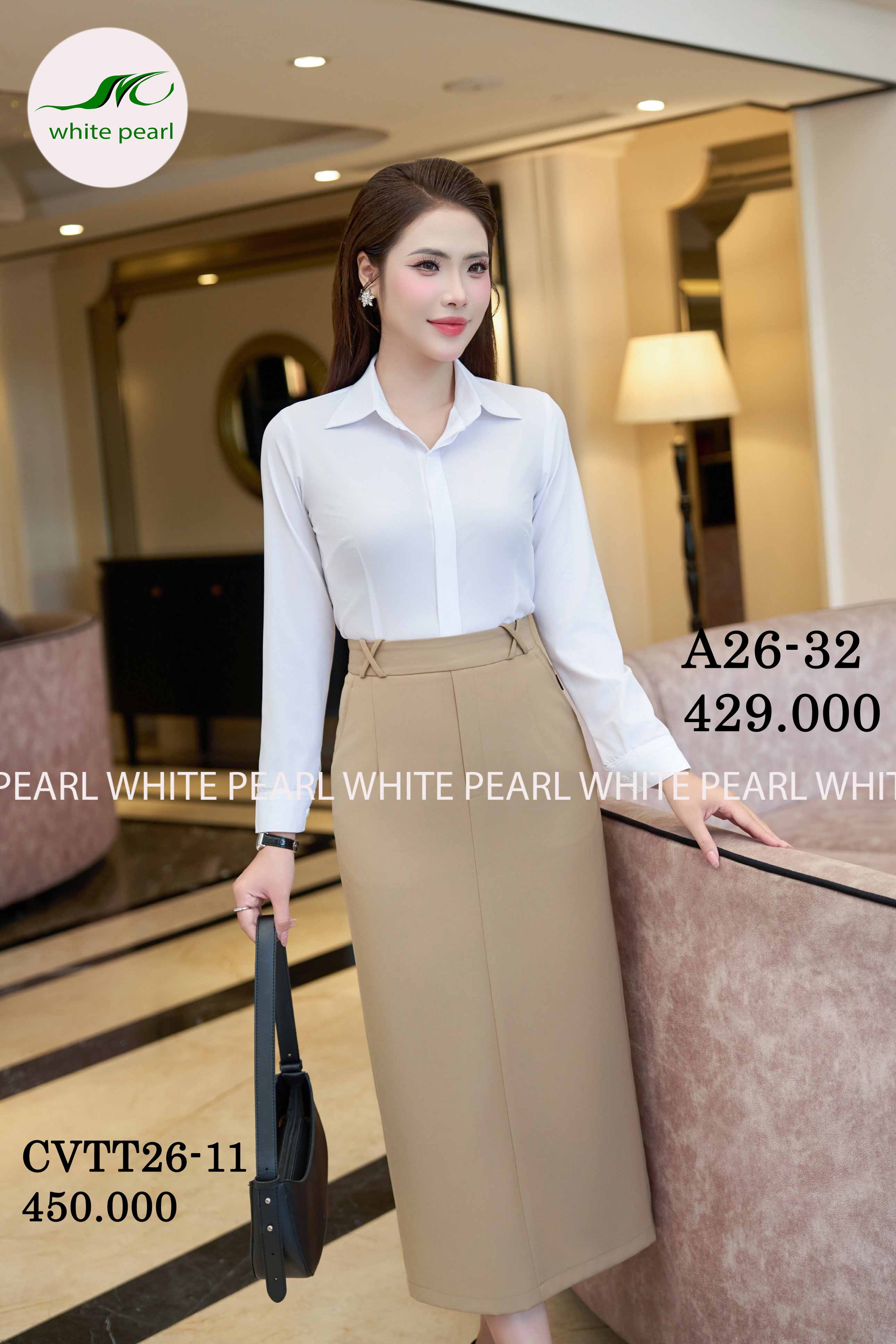 Áo sơ mi cổ đức tay dài kết hợp Chân váy ôm suông đỉa X CVTT26-11 Thời trang công sở cao cấp White Pearl_thumbnail_0