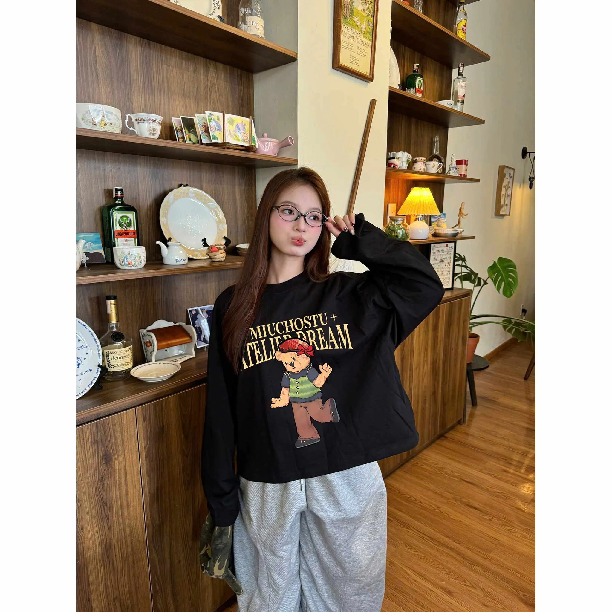 Áo thun boxy unisex Miucho tay dài cổ tròn vải cotton thoáng mát dày dặn hình gấu bông in mix 2658_thumbnail_4