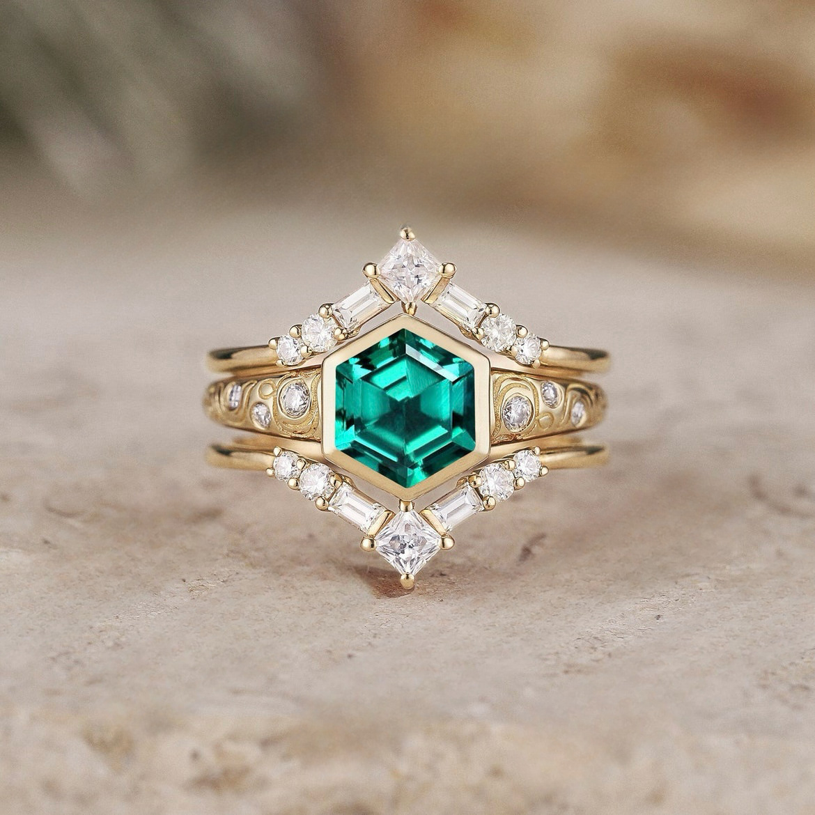 Nhẫn Xi Vàng Đính Ngọc Lục Bảo Emerald Lục Giác (Có Size)_thumbnail_0
