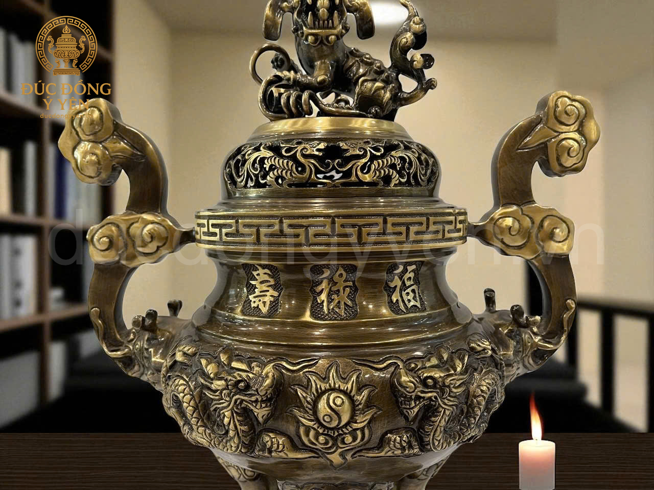 Bộ Bộ đỉnh thờ cao 60cm chạm hoa văn rồng đúc đồng vàng_thumbnail_3