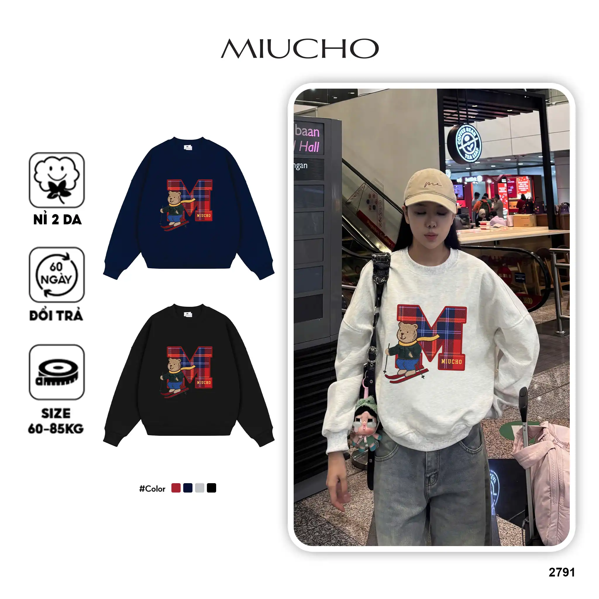 Áo Sweater boxy unisex Miucho nỉ 2 da cao cấp thấm hút tốt chuẩn form chữ M gấu teddy 2791