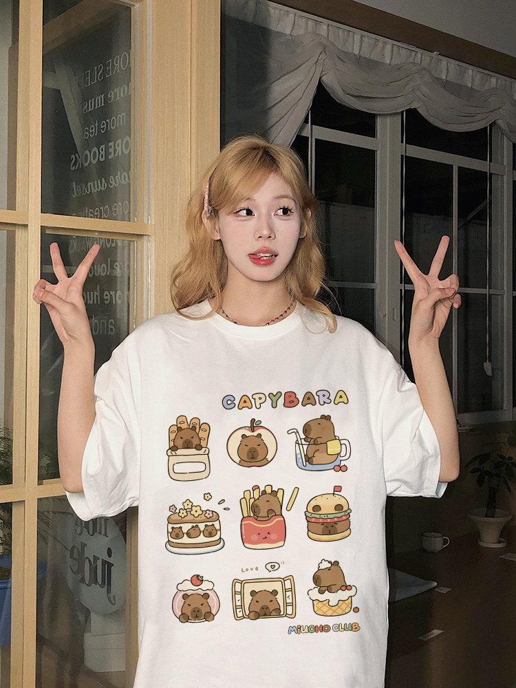 Áo thun chuột Capybara form rộng local brand ATD1224 Miucho tay ngắn vải cotton thoáng mát cổ tòn in mix_thumbnail_5