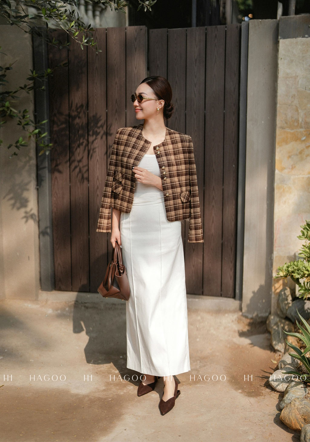 Áo khoác cổ tròn suông họa tiết ô vuông