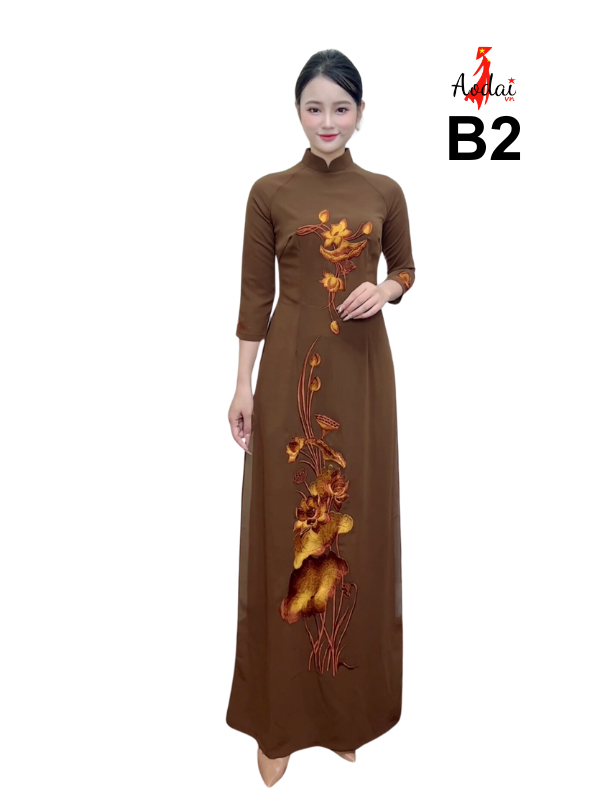 Bộ B2 Áo dài B2 màu nâu thêu hoa sen cổ cao 3cm tay lỡ