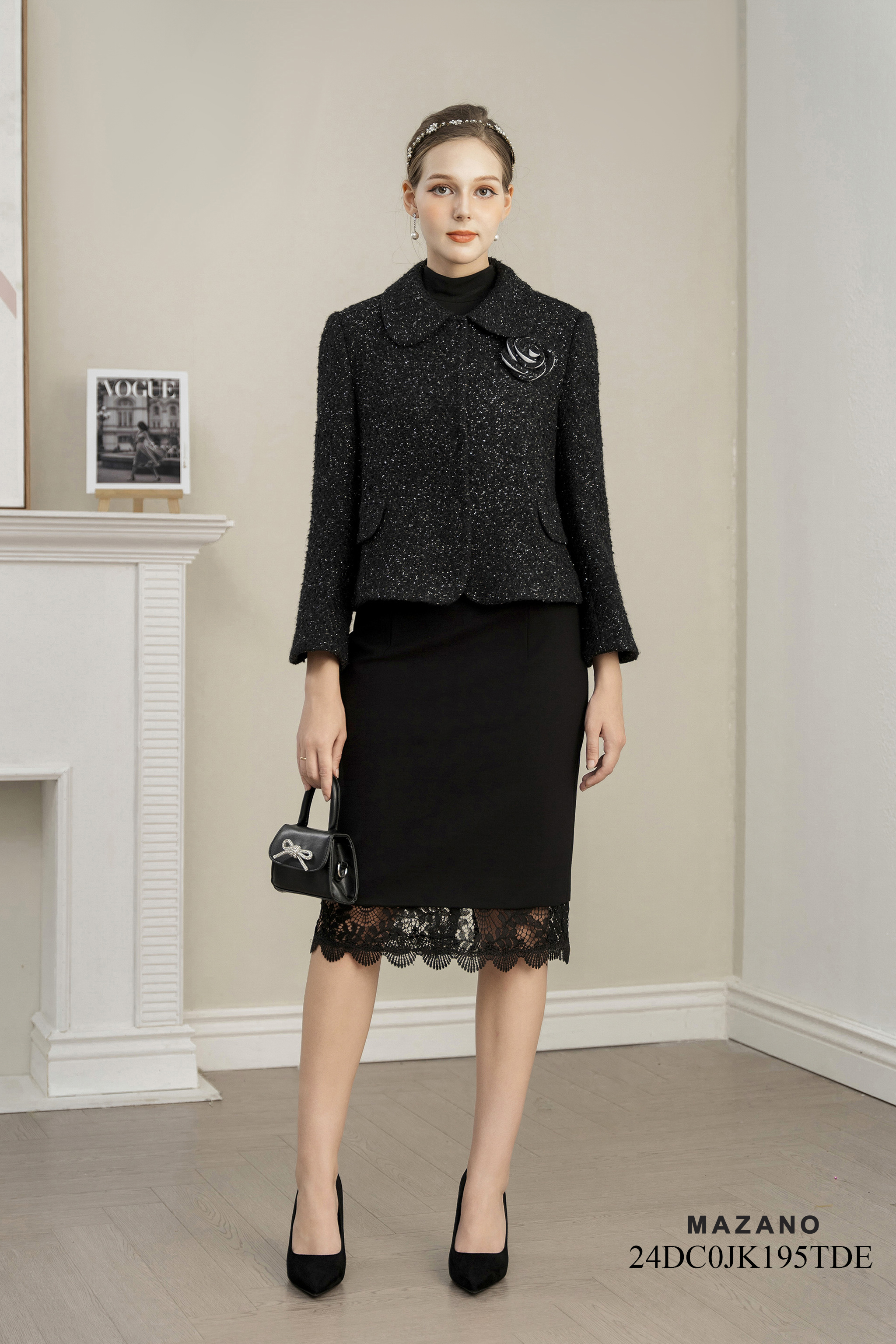 Áo khoác ngắn Vải dạ tweed Đính hoa thủ công Cổ sen Tay dài Dài qua eo_thumbnail_3