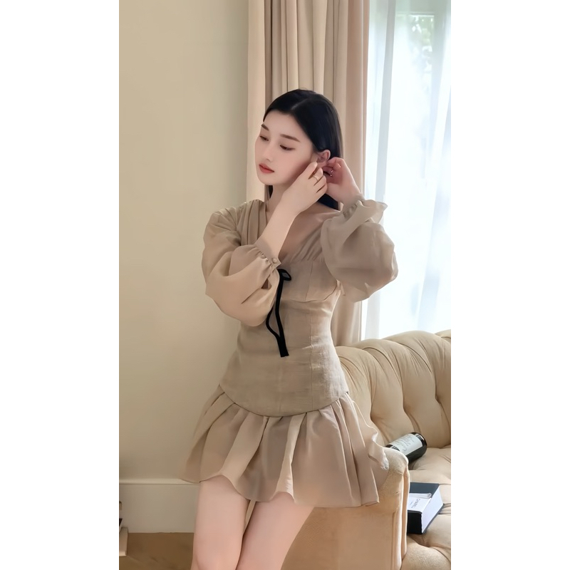 Váy phối tơ dáng ngắn tay bồng, váy ngắn nữ màu nâu phối tơ nữ tính Logastore_L212