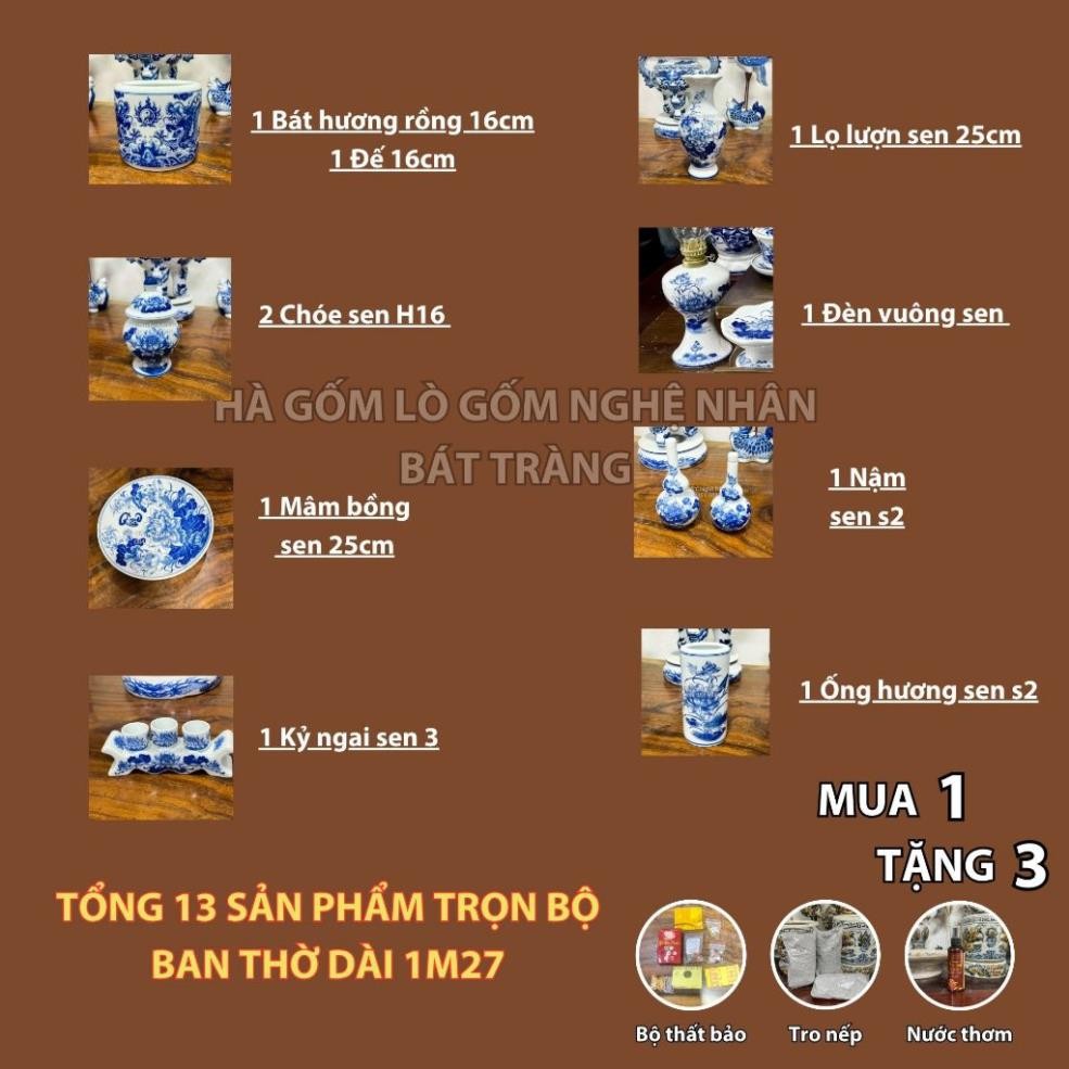 HG029 Đồ Thờ Cúng Bộ 13 món ban thờ 1M27 Men trắng nghệ nhân Bát Tràng chế tác TẶNG Thất Bảo, Tro Nếp_thumbnail_1