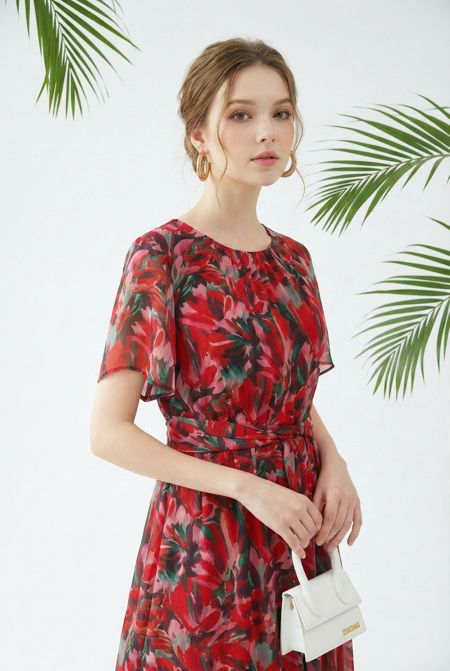 Đầm maxi vải voan chiffon đỏ in họa tiết cách điệu dáng ôm chân rủ cổ tròn tay ngắn thiết kế MAZANO_thumbnail_4