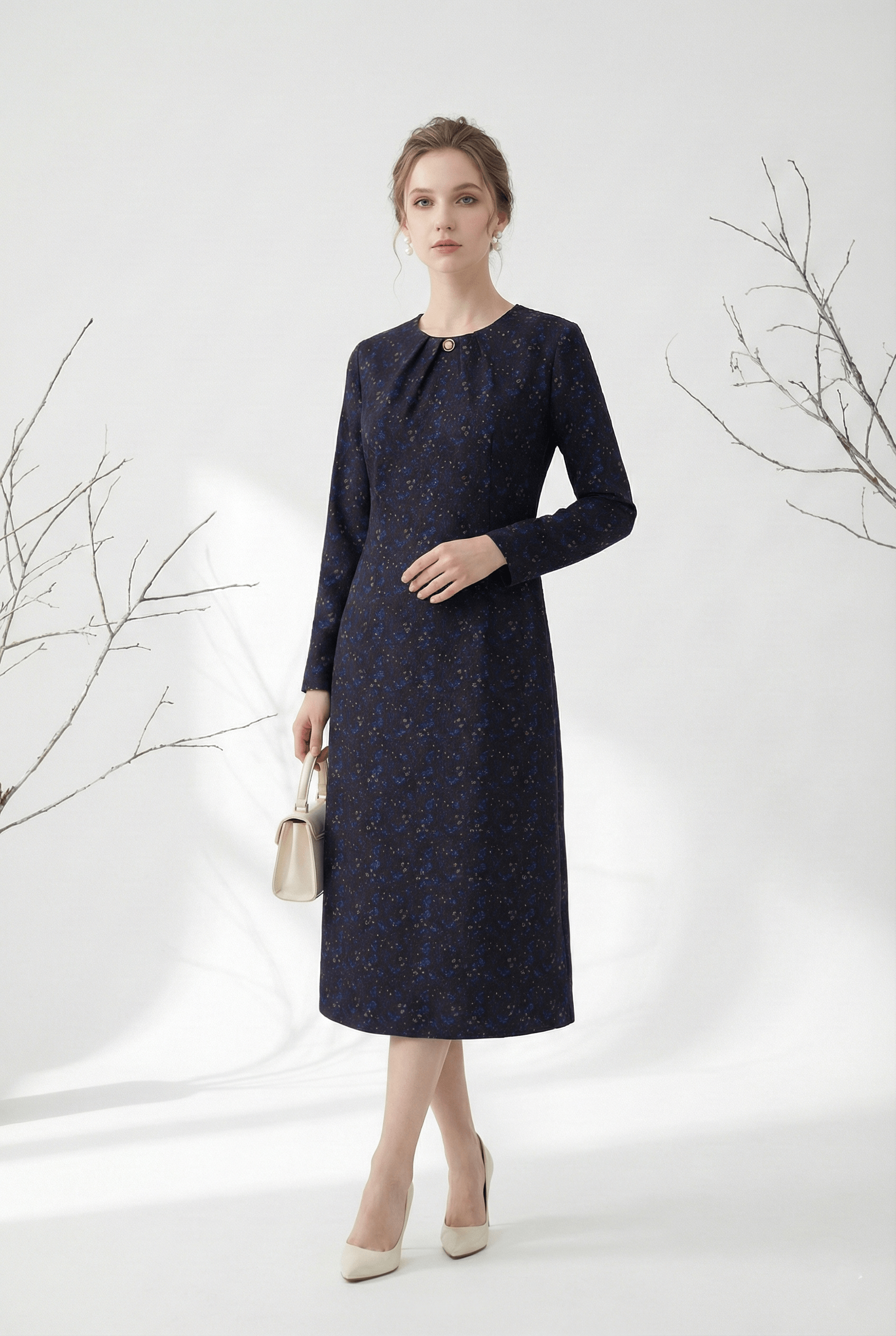 Váy Đầm Suông Vải len giả ren Hoạ tiết hoa văn ren chìm Cổ tròn cao Đính dây ren cườm Tay dài Dài ngang bắp chân_thumbnail_1