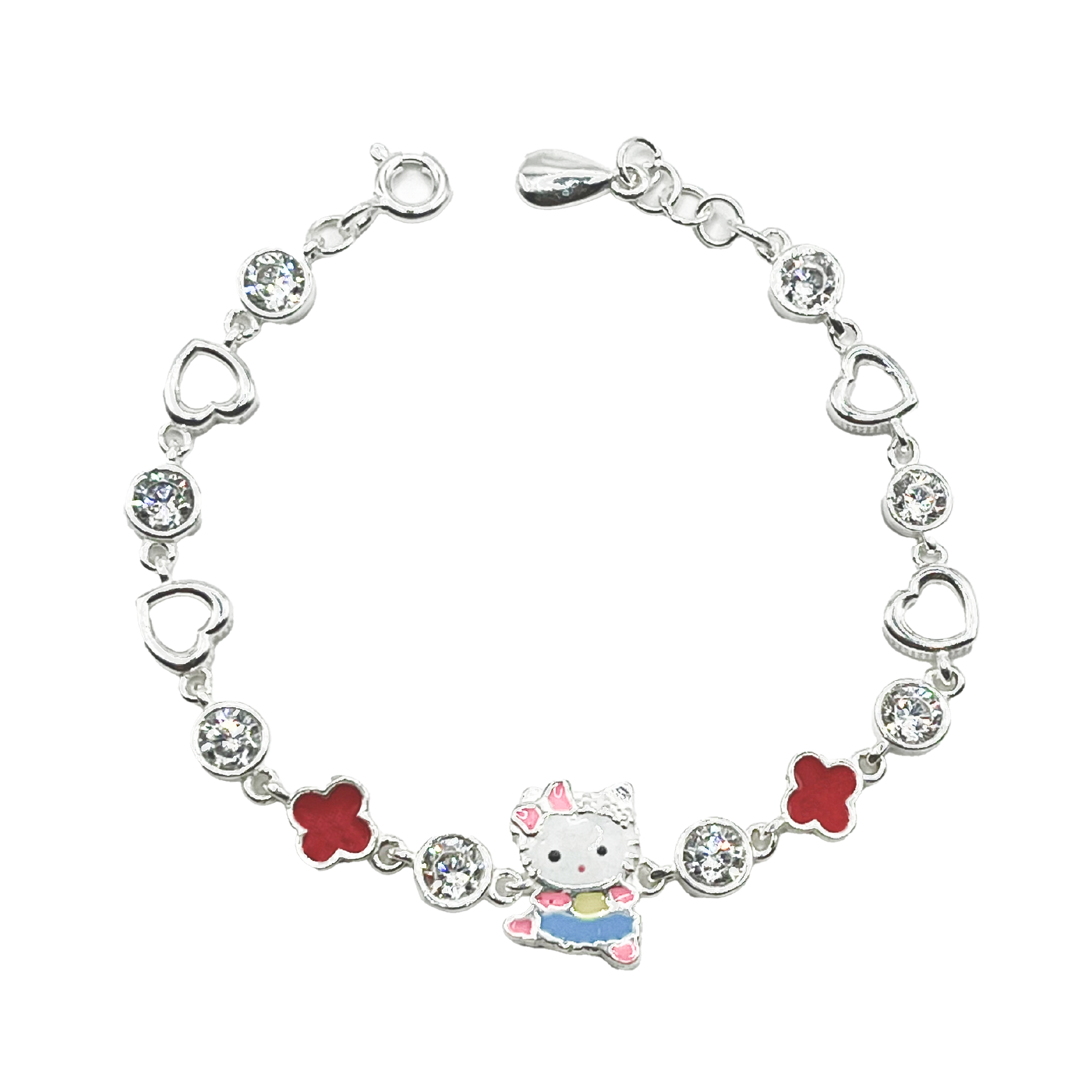 Vòng tay bạc 925 charm Hello Kitty váy xanh hoa đỏ