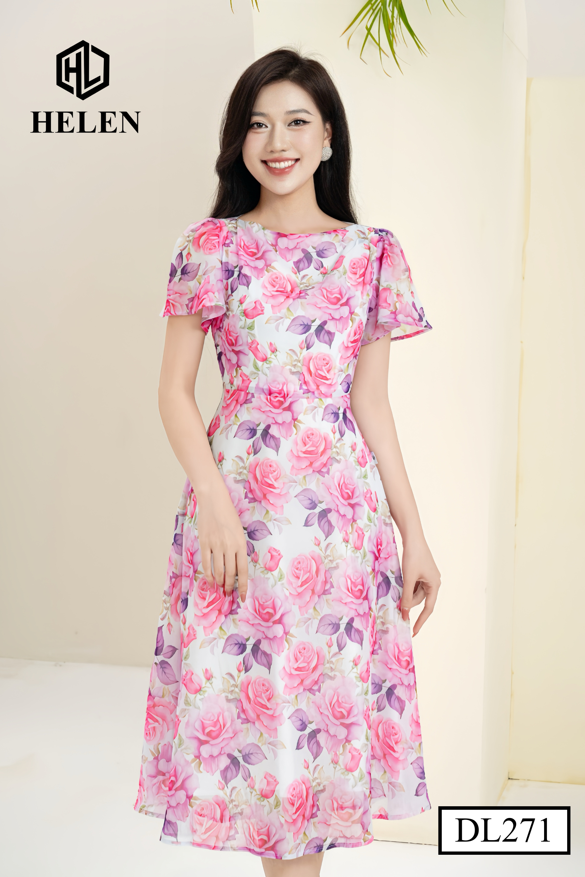 Đầm xòe hoa hồng cổ thuyển nhún vai DL271_thumbnail_3