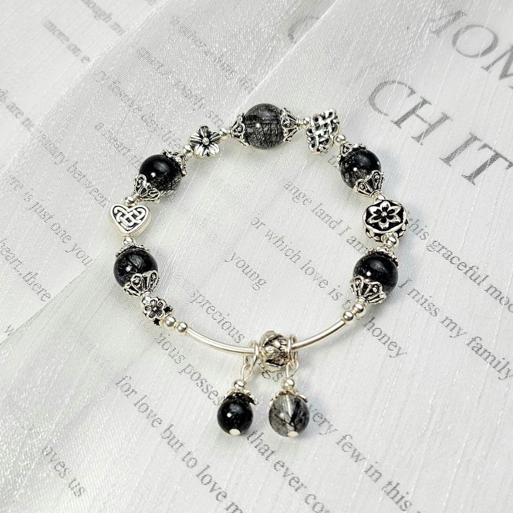 PT199 - Vòng tay thạch anh tóc đen mix bạc may mắn bình an