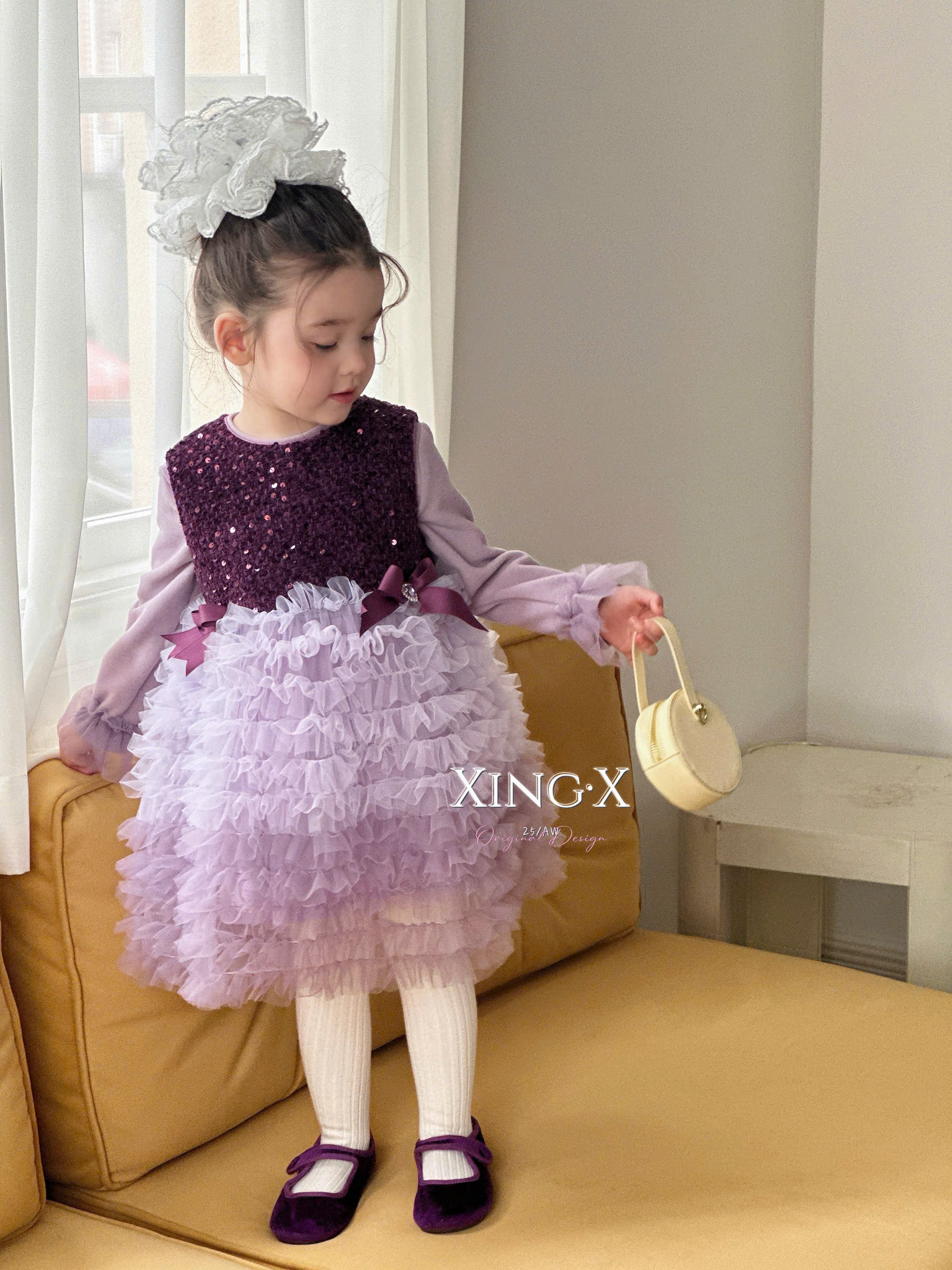 (V83) Váy dạ nhung đính cườm màu tím kèm áo