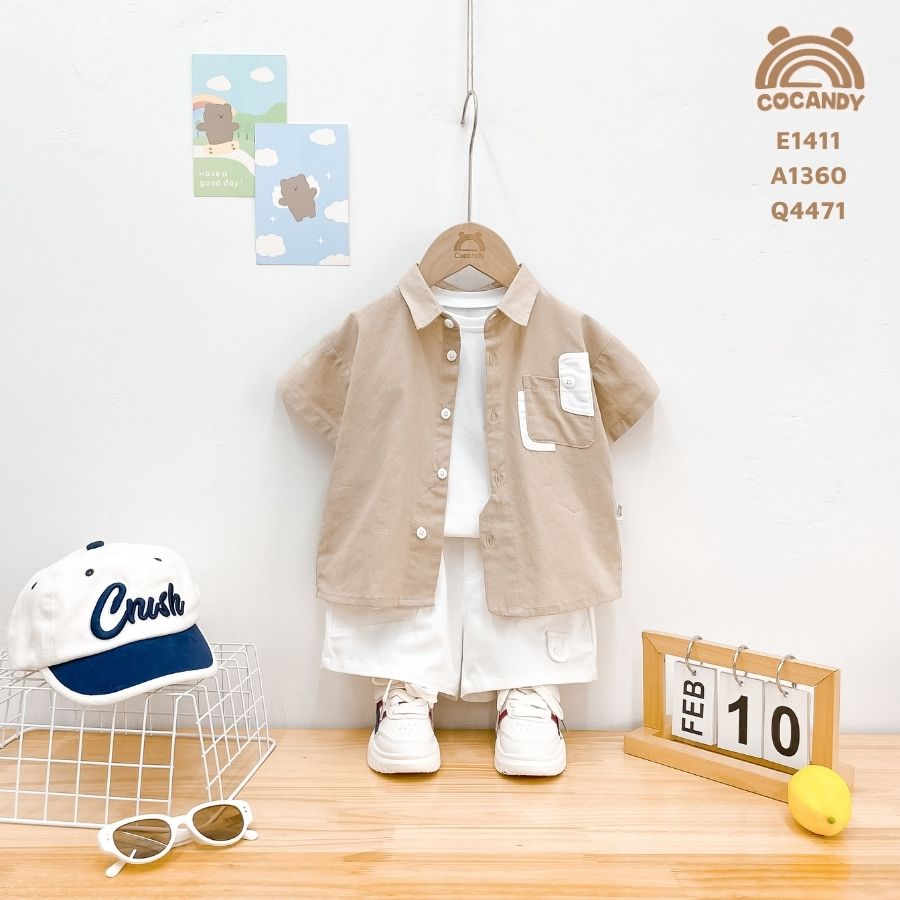 Áo cộc sơ mi NÂU phối túi kiểu phong cách