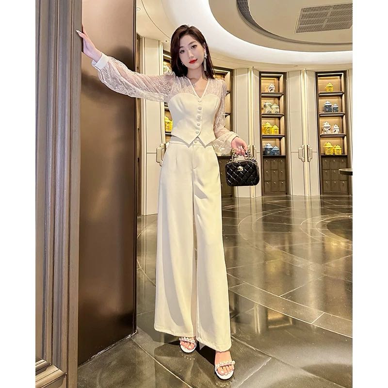 Set bộ áo kiểu cổ điển tay phối ren quần ống rộng