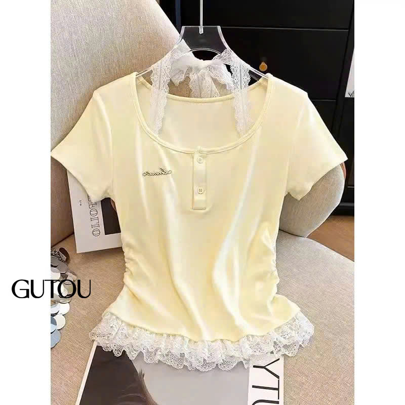 [GUTOU] Áo thun gân tăm phối ren cổ vuông_thumbnail_3