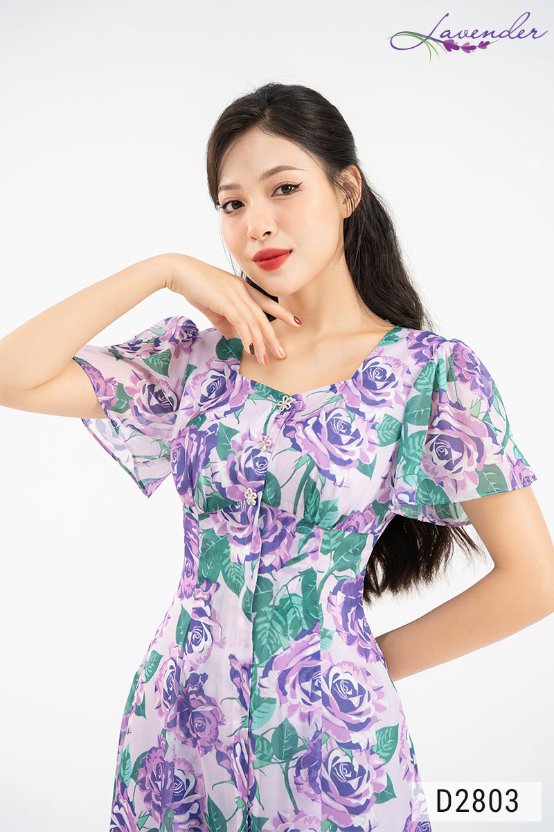 Đầm xòe hoa tím xanh Thời trang Lavender cổ vuông tay ngắn D2803_thumbnail_2