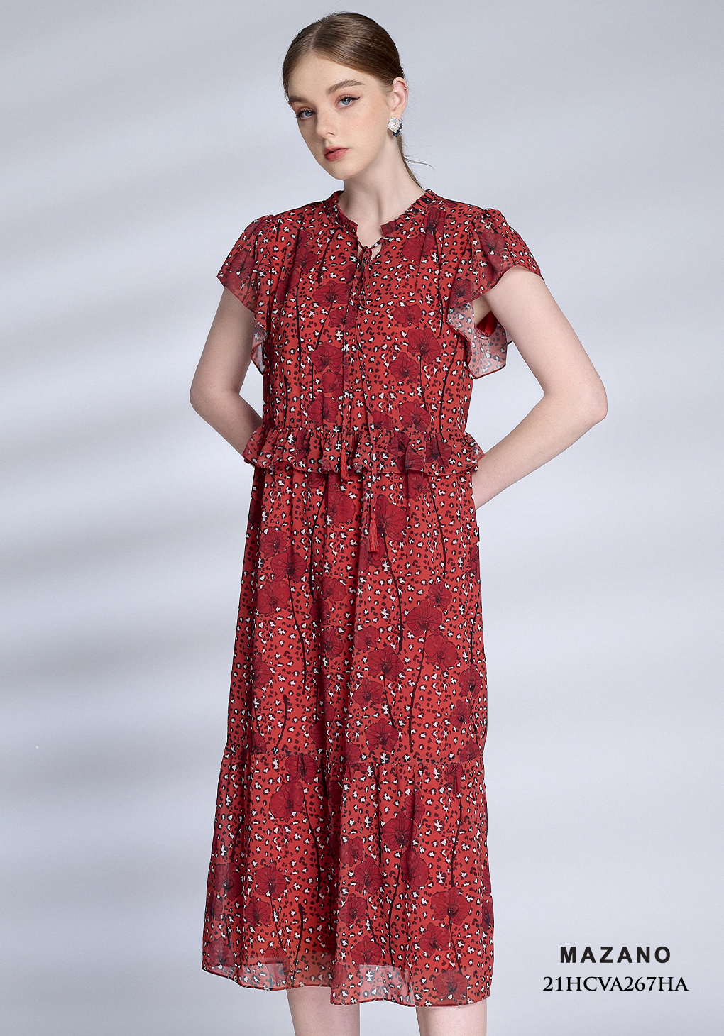 Đầm đỏ suông họa tiết phối bèo_thumbnail_3