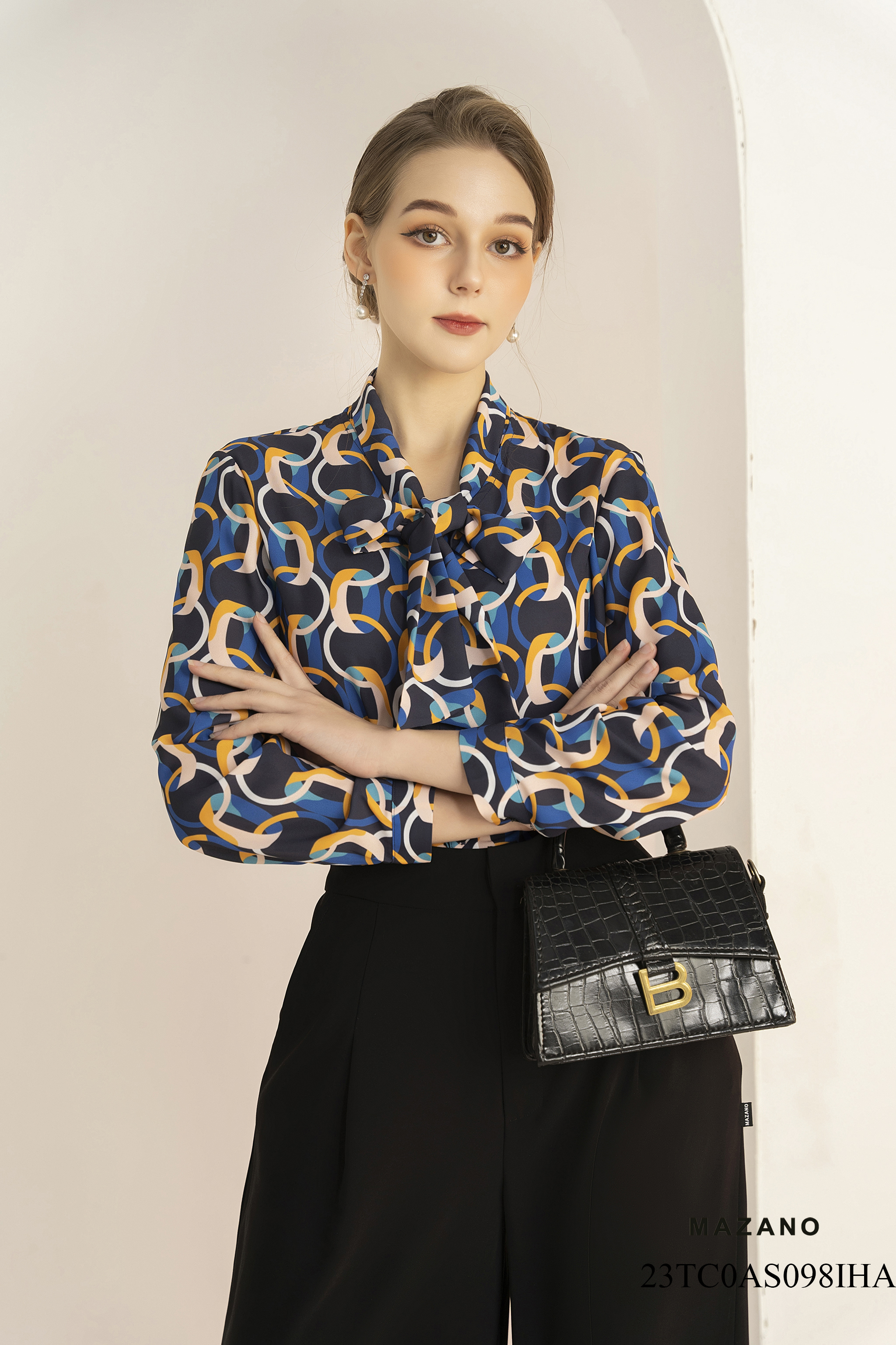 Áo sơ mi tay dài, buộc dây nơ_thumbnail_4