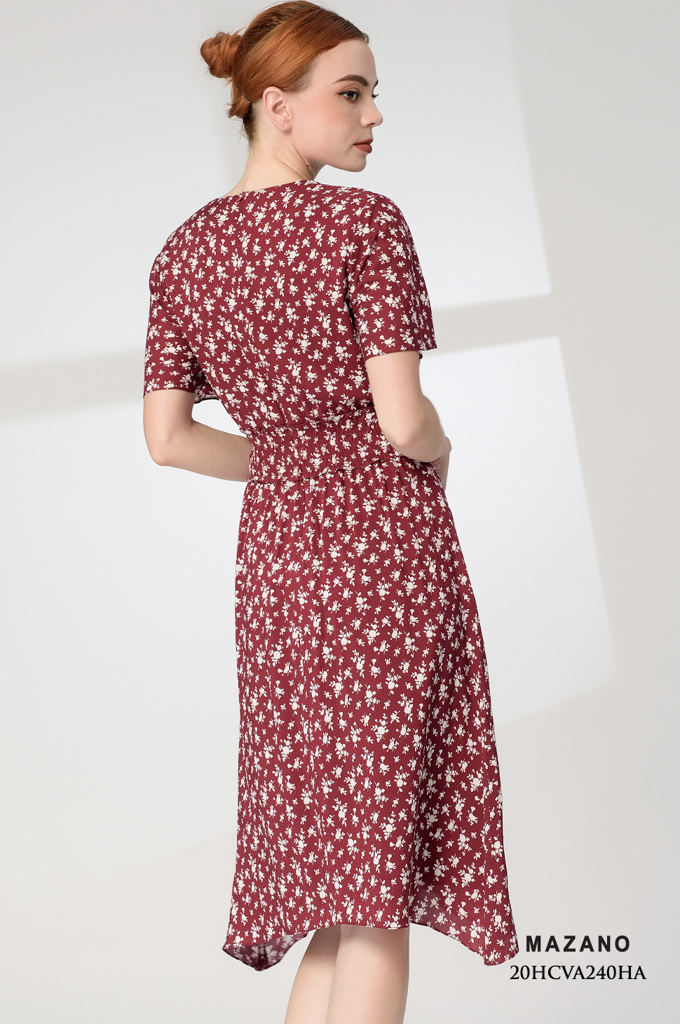 Đầm đỏ hoa nhí xòe rủ nhún bèo eo_thumbnail_3