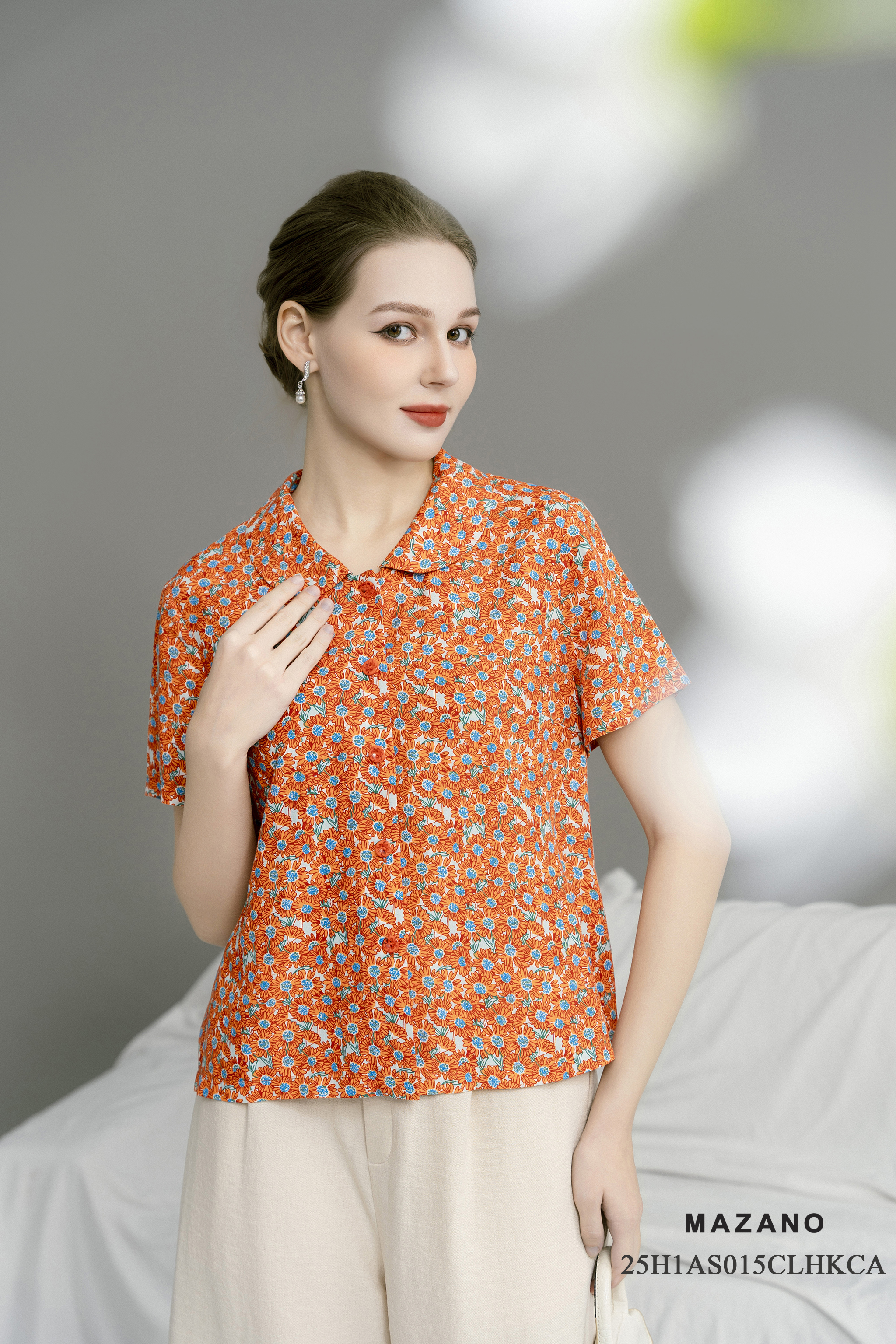 Áo top suông cài khuy Họa tiết hoa cách điệu Cổ bẻ Tay ngắn Dài dưới eo_thumbnail_3