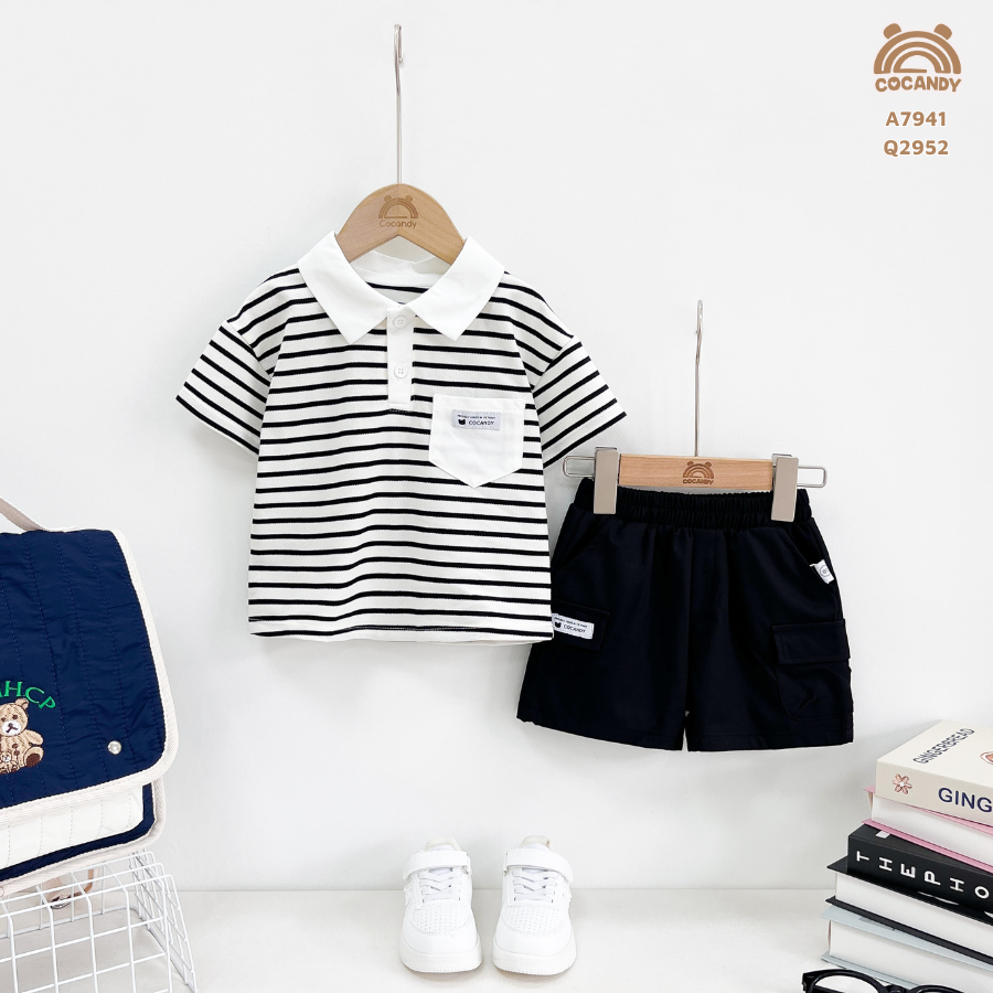 Áo cộc kẻ ĐEN cổ bẻ phối túi ngực CCD_thumbnail_1