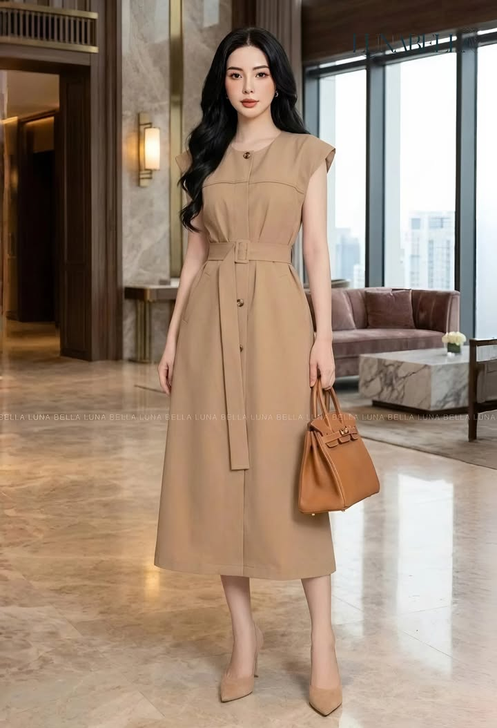Đầm liền tay hến VIRELLA cúc giữa màu NÂU