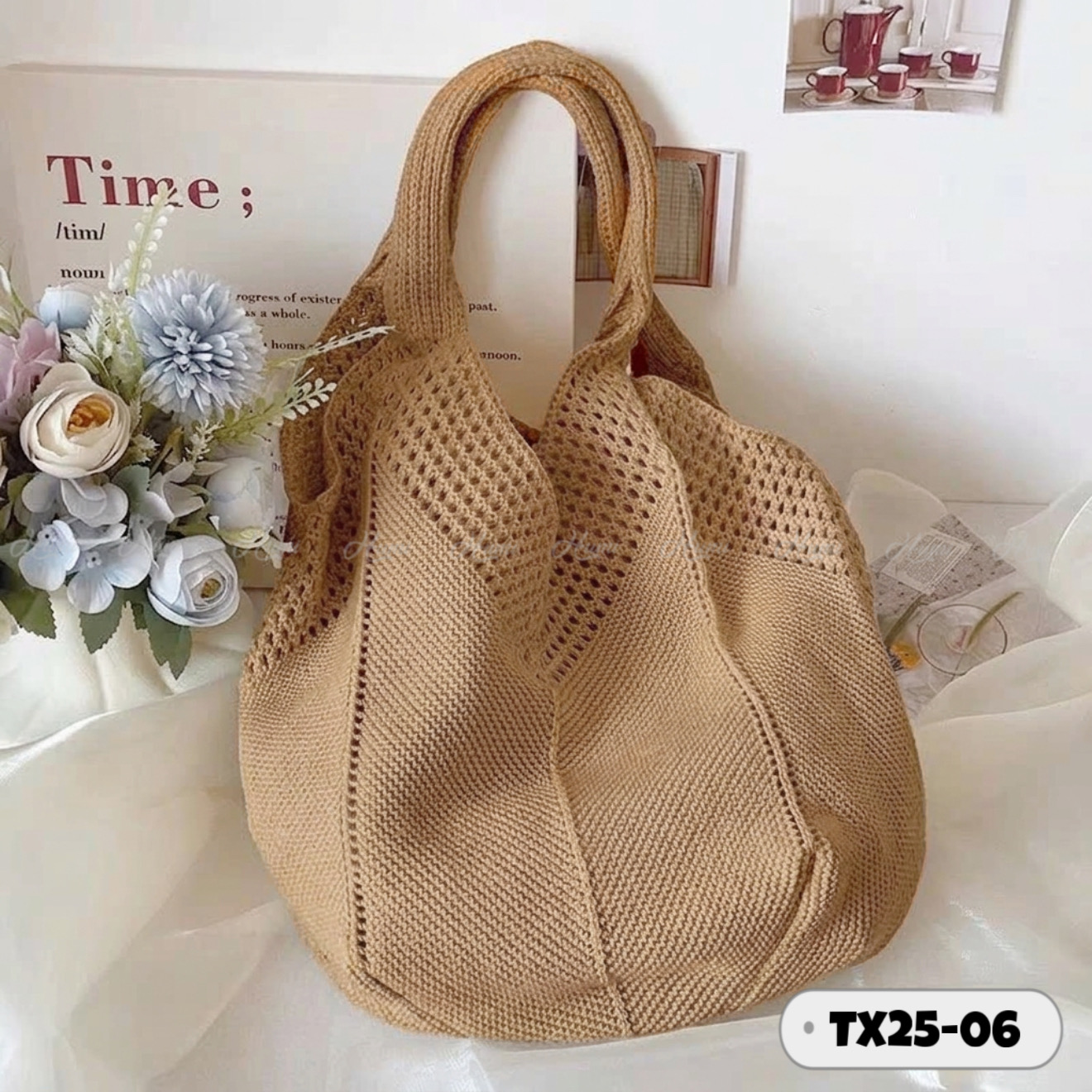 TÚI TOTE DỆT KIM PHONG CÁCH HÀN QUỐC (TX25-06 NÂU)