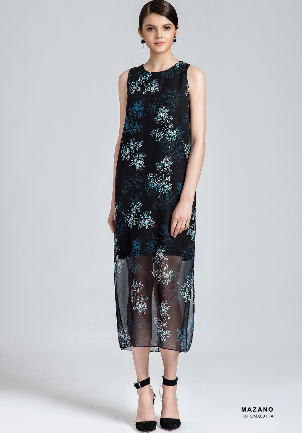 Đầm Maxi vải voan màu xanh hoạ tiết cách điệu