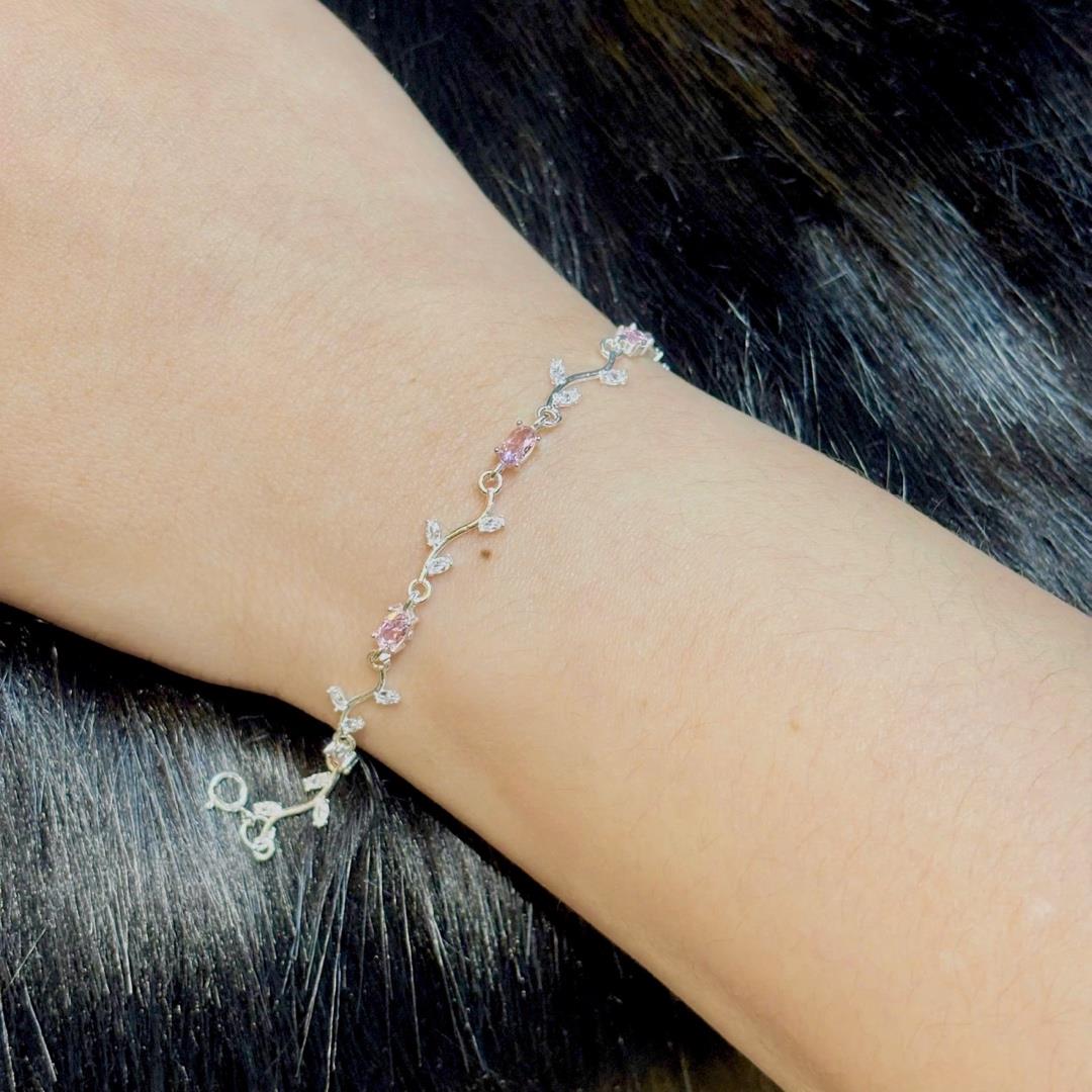 Vòng tay bạc xi kim hoa tulip kim cương đá hồng_thumbnail_3