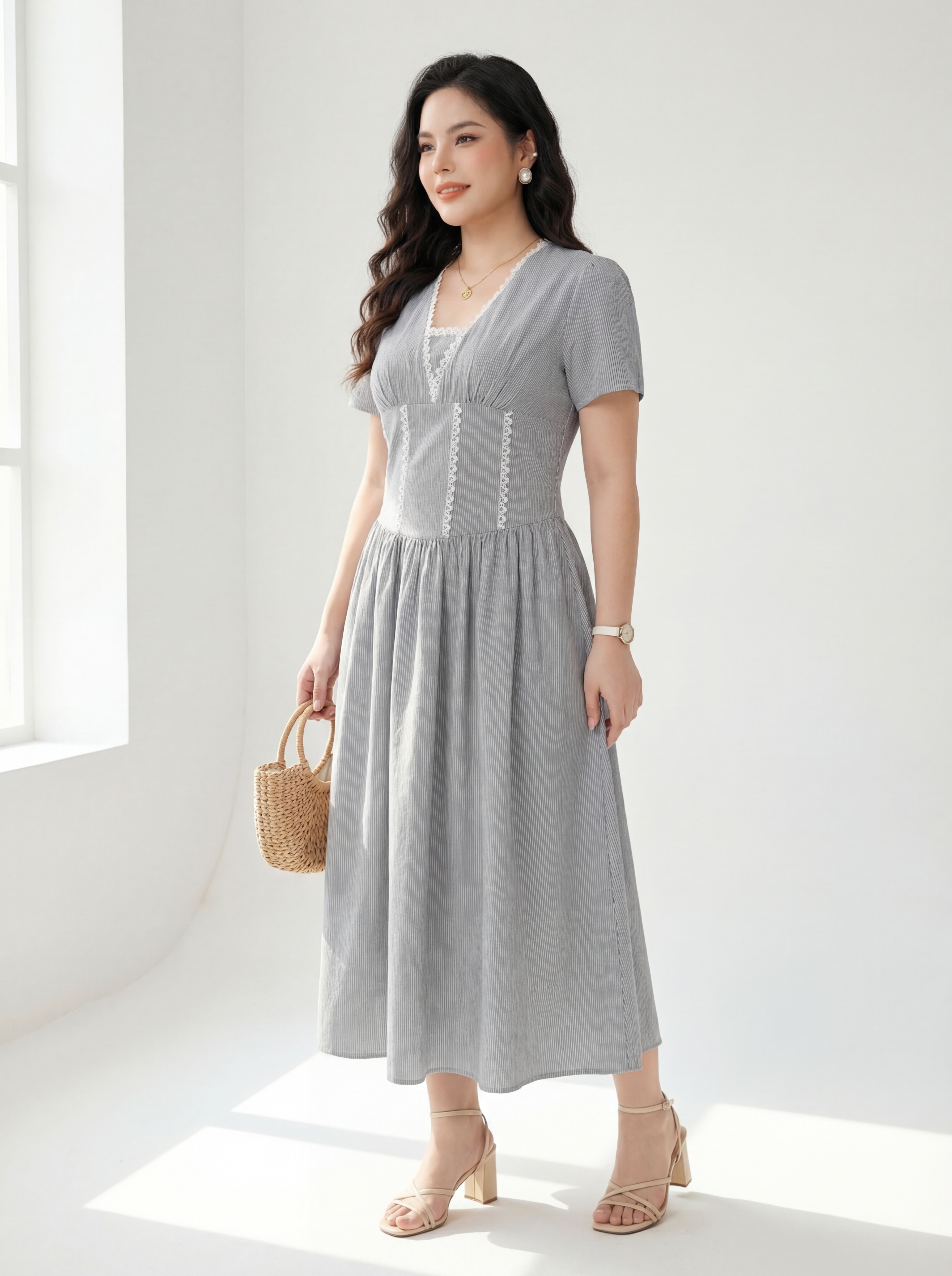 Đầm dáng dài sọc phối ren bigsize DA174_thumbnail_2