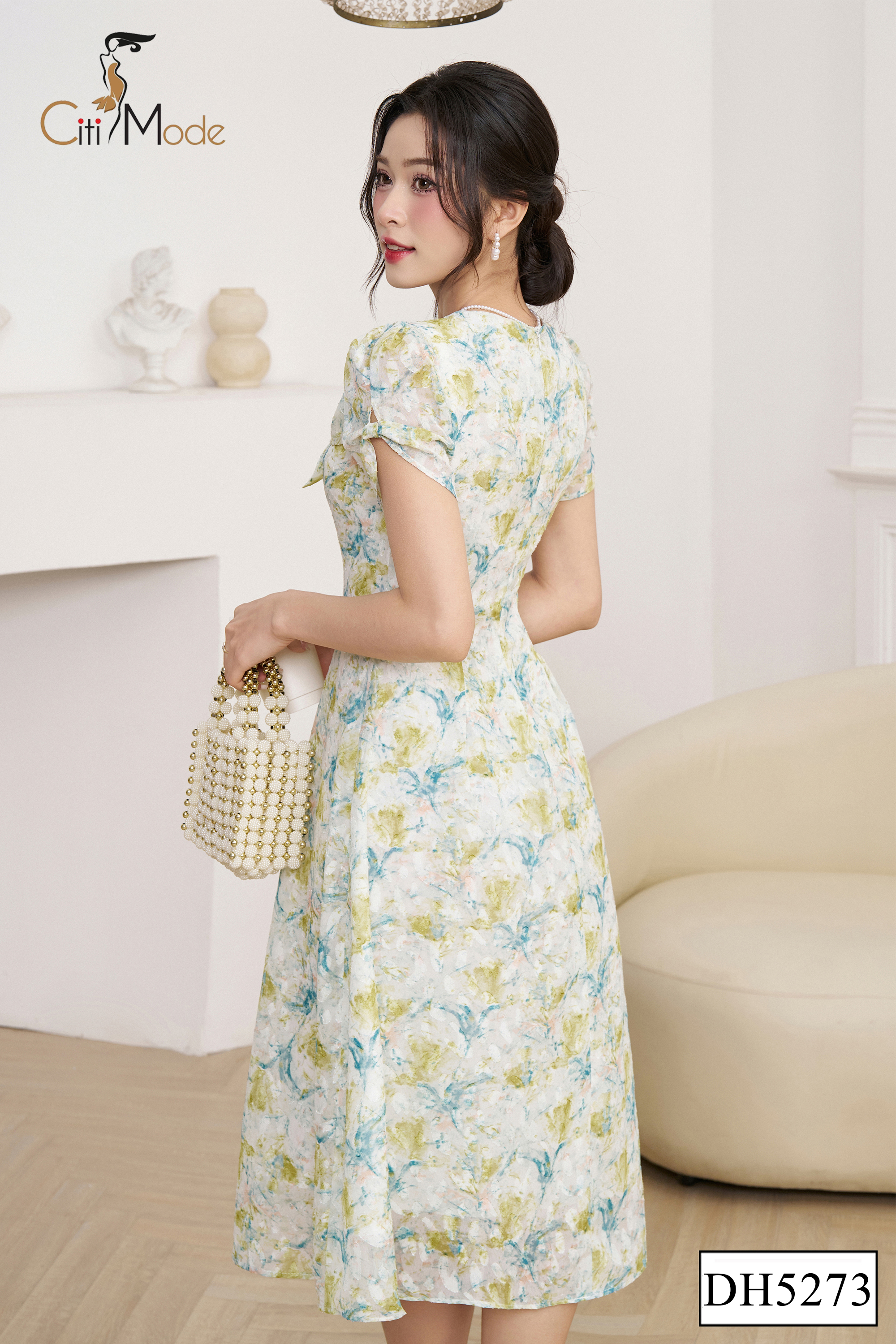 Đầm xoè hoa xanh cổ phối nơ_thumbnail_1