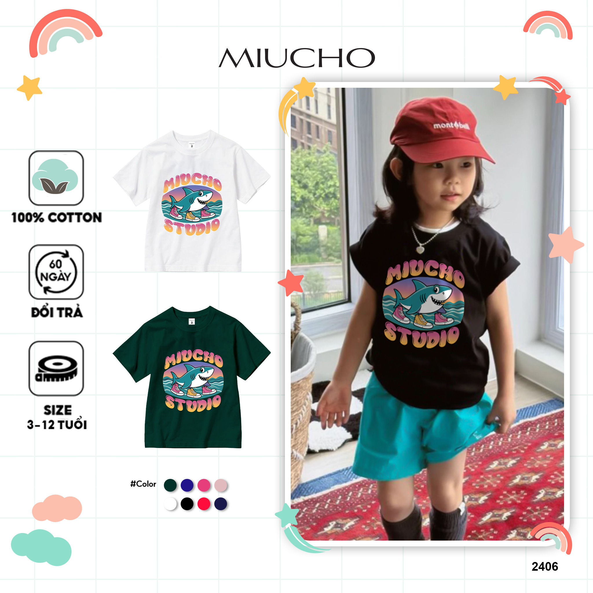 Áo thun cho bé AED2406 Miucho Kid phong cách đường phố vải cotton thoáng mát in mix