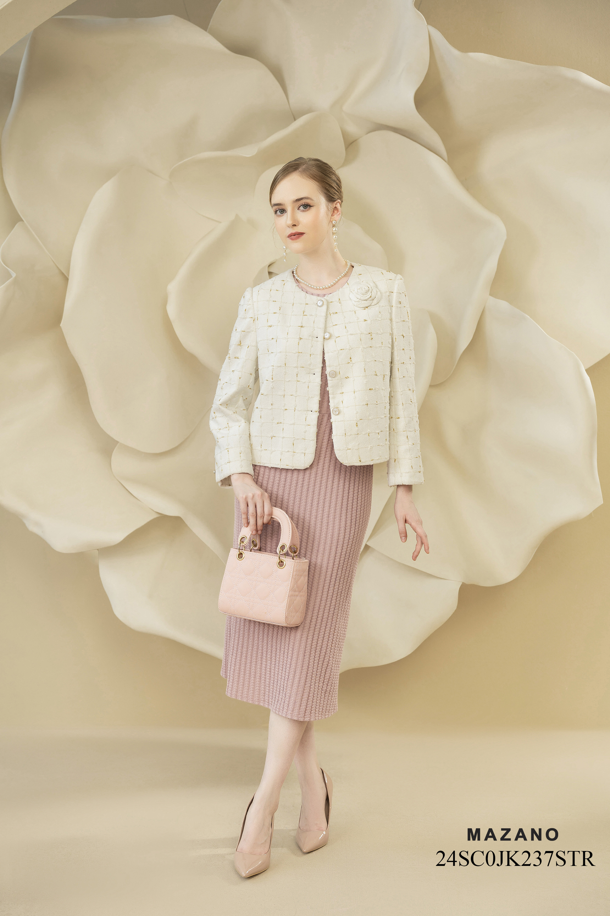 Áo khoác ngắn Suông Vải dạ tweed Họa tiết kẻ Đính hoa thủ công Dài dưới eo_thumbnail_2