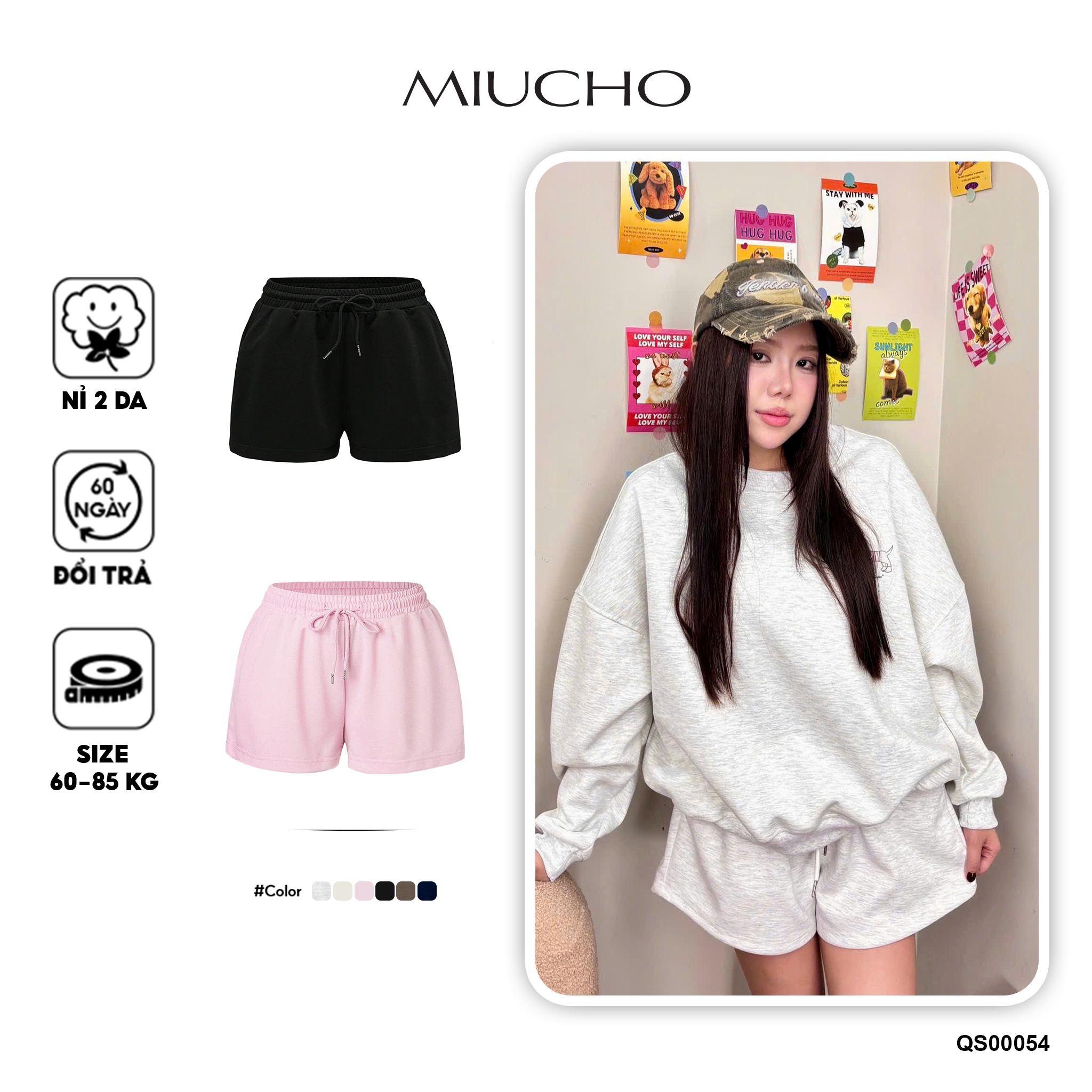 Quần short nữ trơn Miucho vải nỉ 2 da thoáng mát dày dặn QS00054