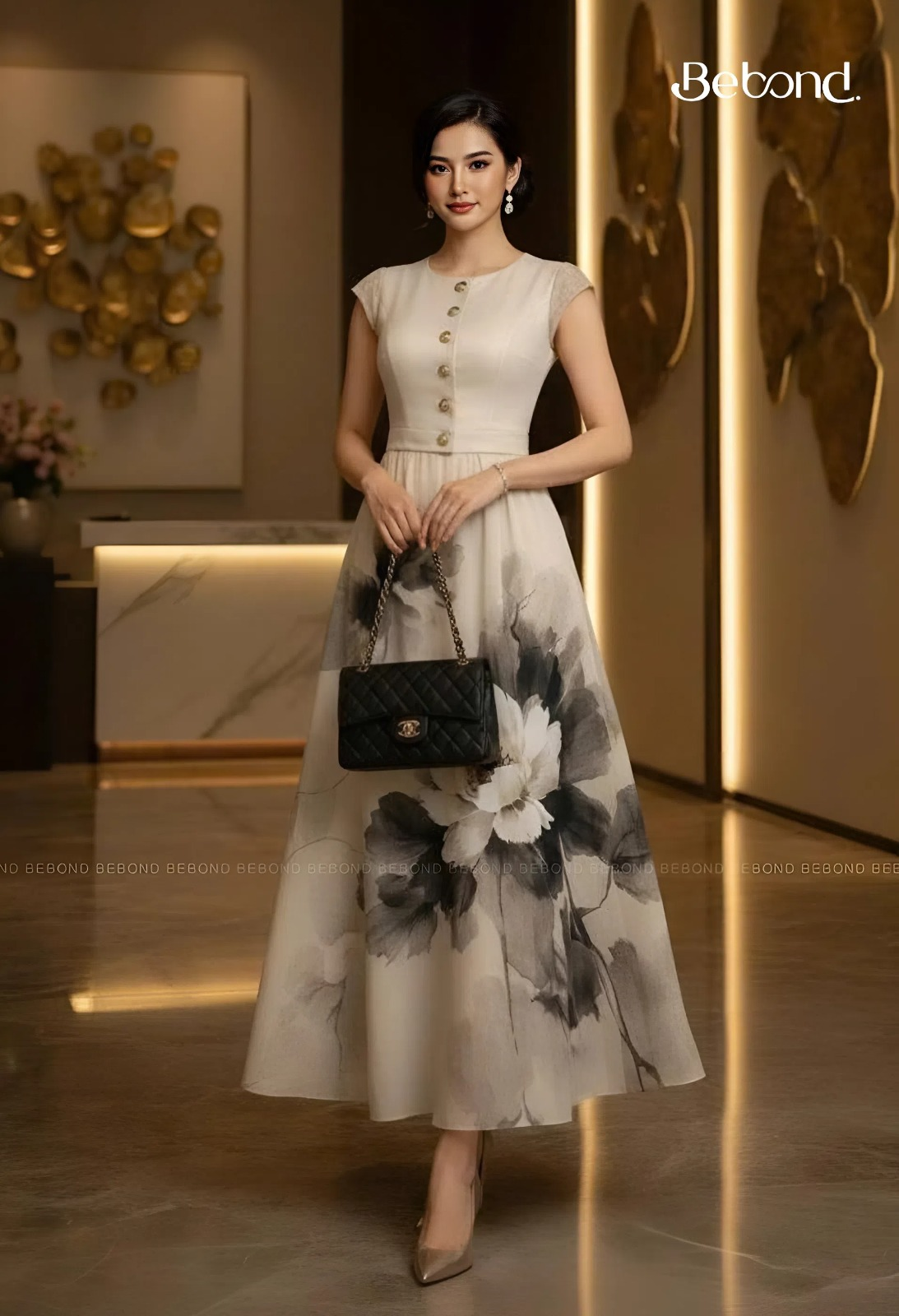 Váy liền xoè dài NERIS in hoa màu KEM