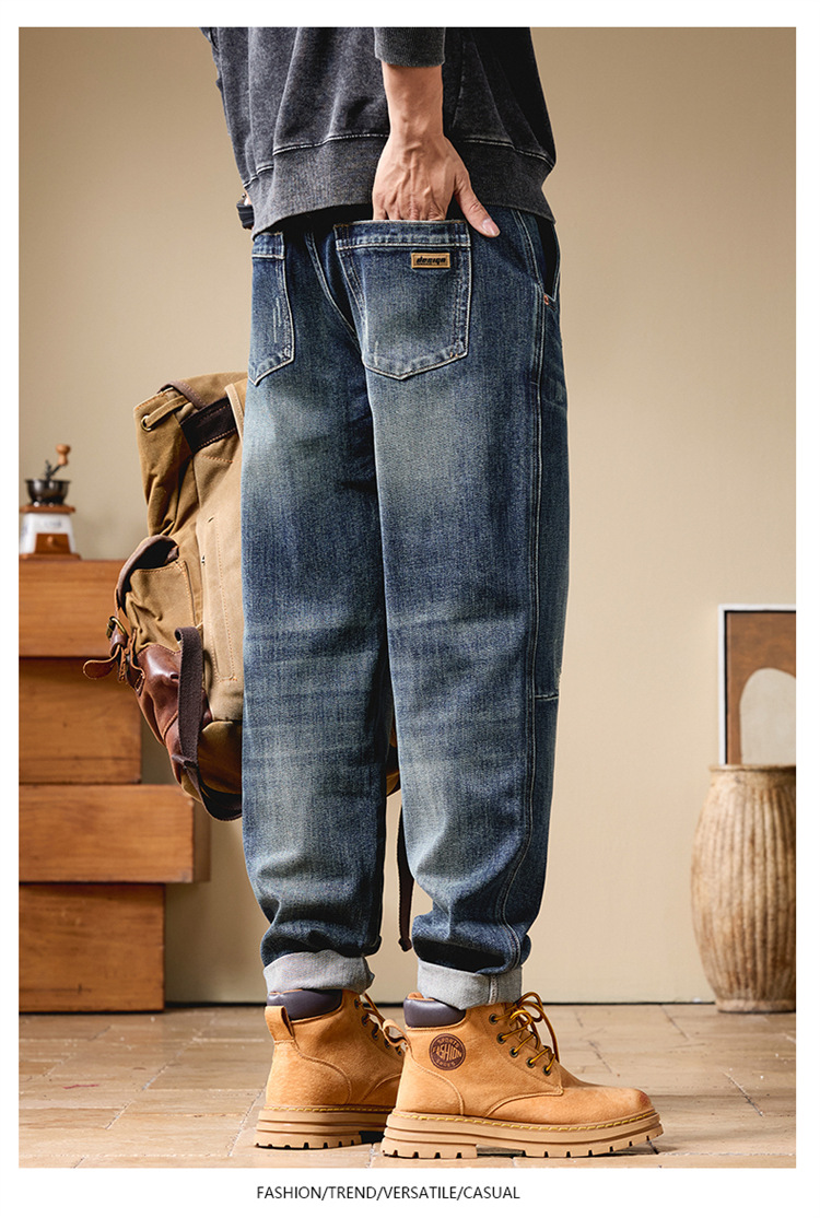 Mỹ Dạo Phố Cao Cấp Quần Jean Nam Thu Đông Mới Chân Thẳng Rời Rủ Ống Rộng Nam Retro Dài Quần_thumbnail_5