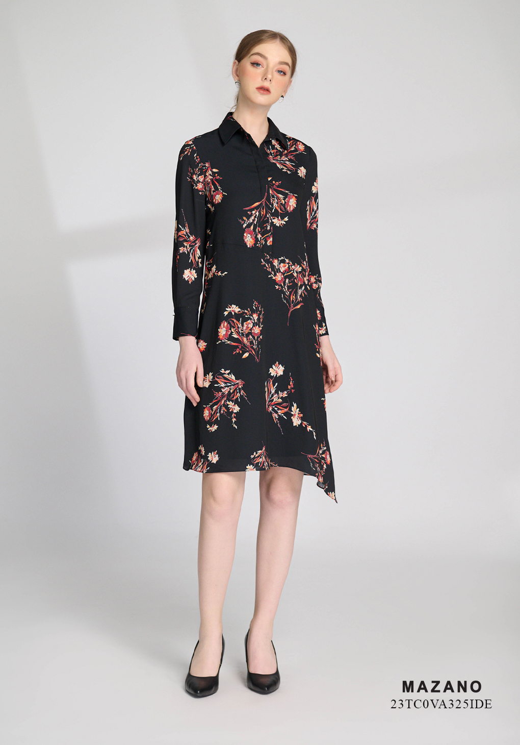 Váy Đầm Suông Vải lụa dày Họa tiết hoa in 2D Chân cách điệu Cổ bẻ Tay ngắn Dài ngang gối