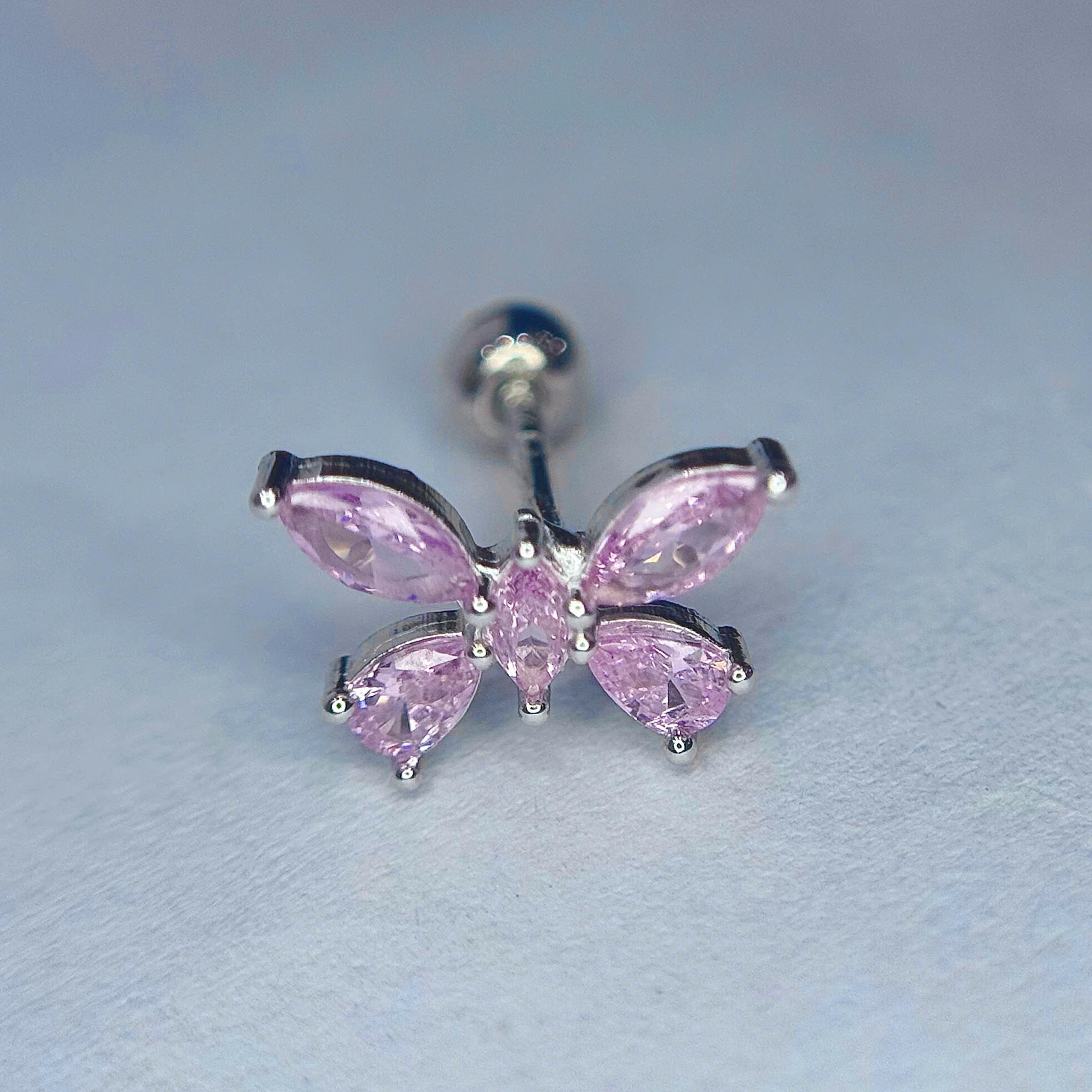 Khuyên kiểu bạc si kim bướm hồng to