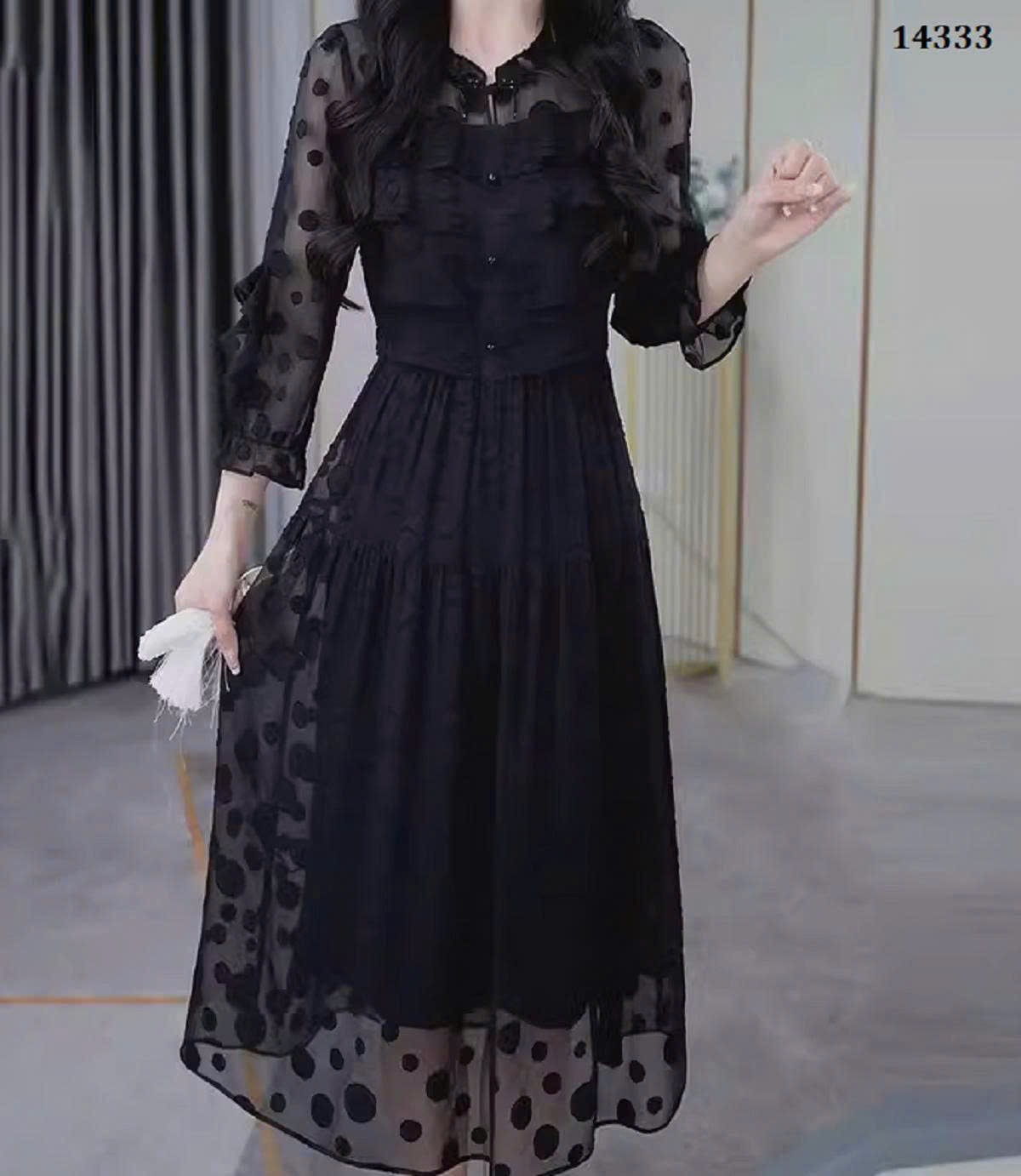 14333-Đầm voan bi tròn tay dài cổ trụ (voan, lót)_thumbnail_0