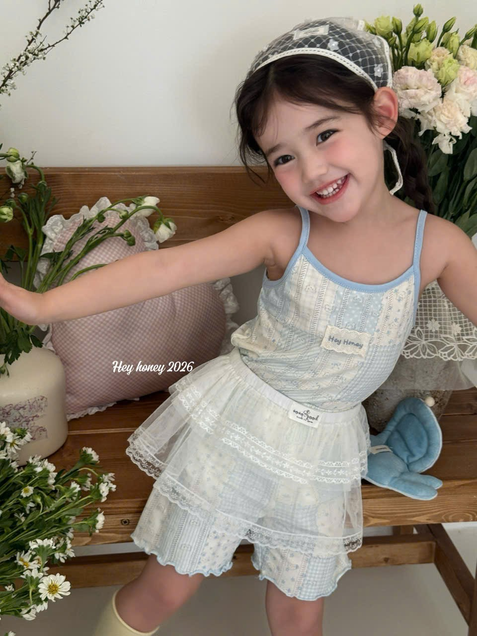 V11 - Set ngủ cotton xanh kèm 2 chi tiết hãng HeyHoney
