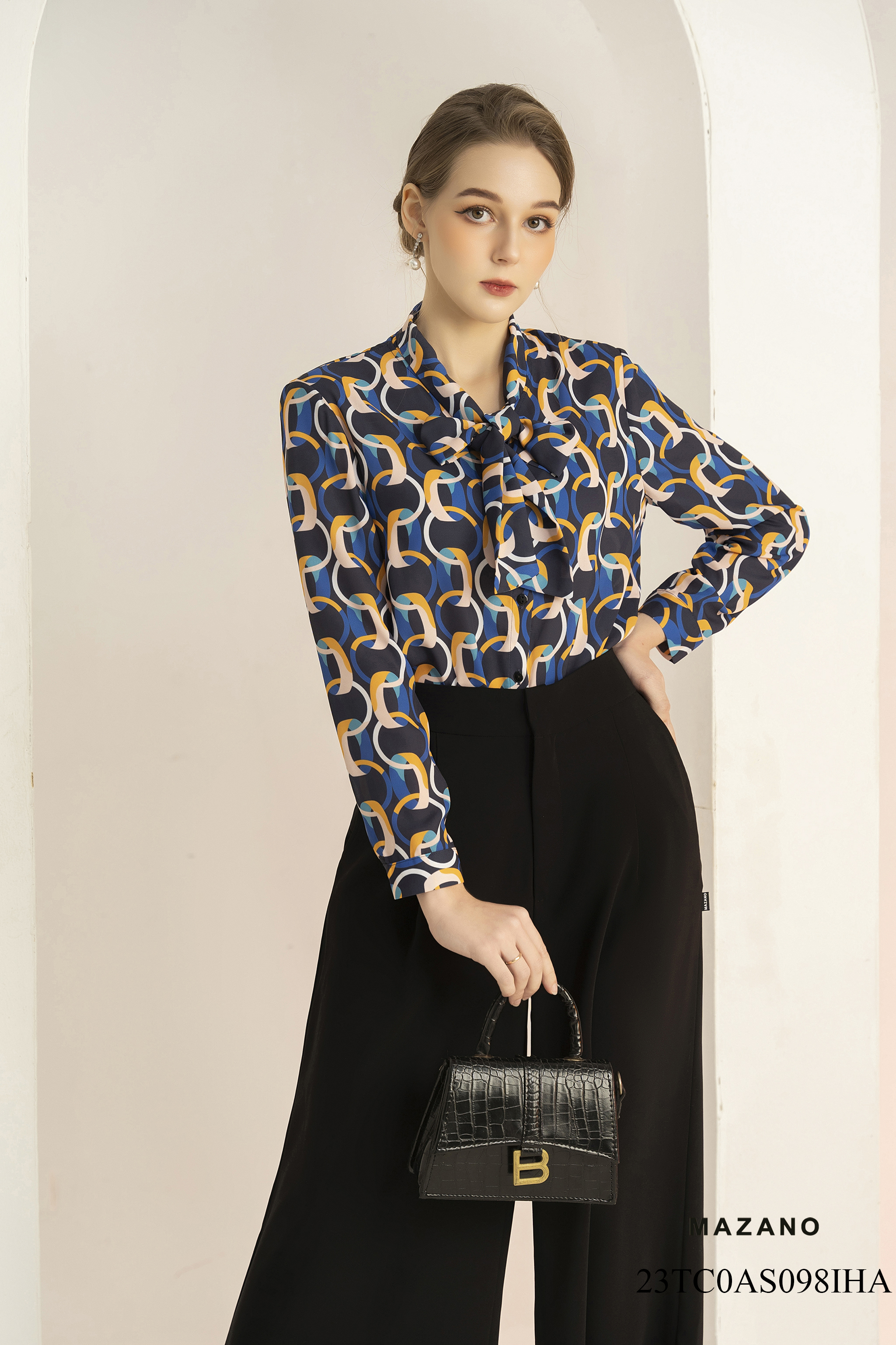 Áo sơ mi tay dài, buộc dây nơ